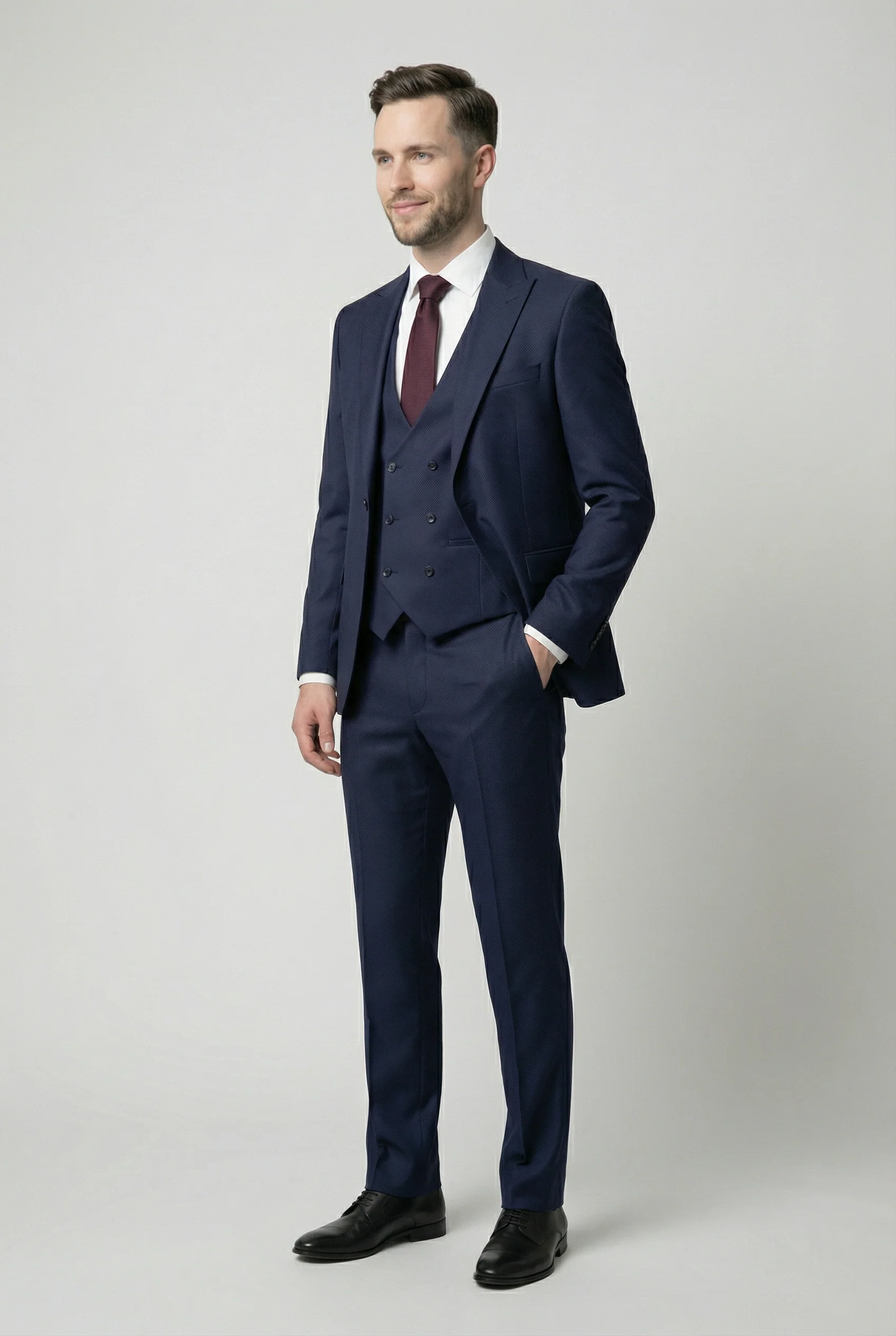 Men’s 3-Piece Textured Suit with Double-Breasted Waistcoat - CORE - Navy Blue - Image 3