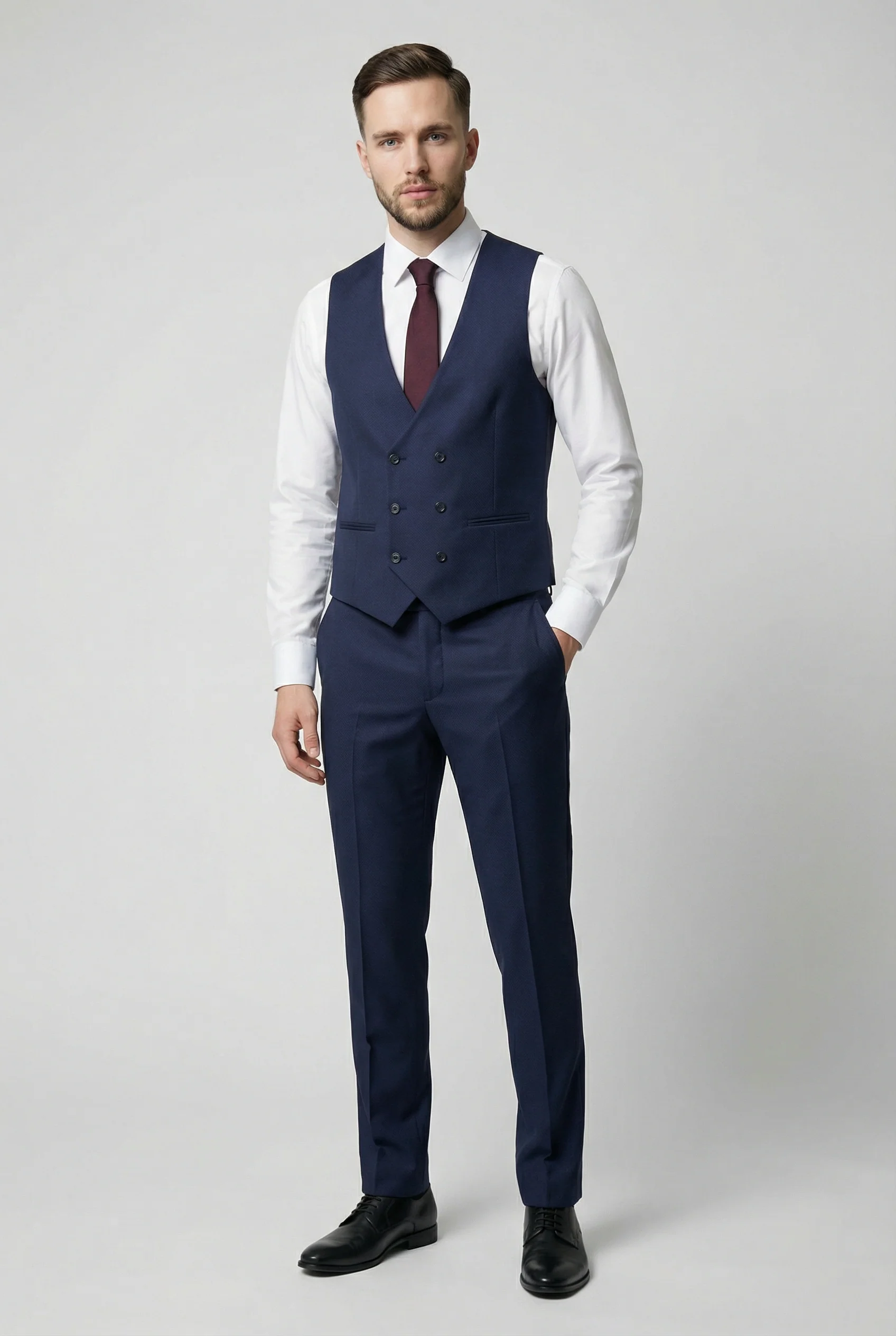Men’s 3-Piece Textured Suit with Double-Breasted Waistcoat - CORE - Navy Blue - Image 5