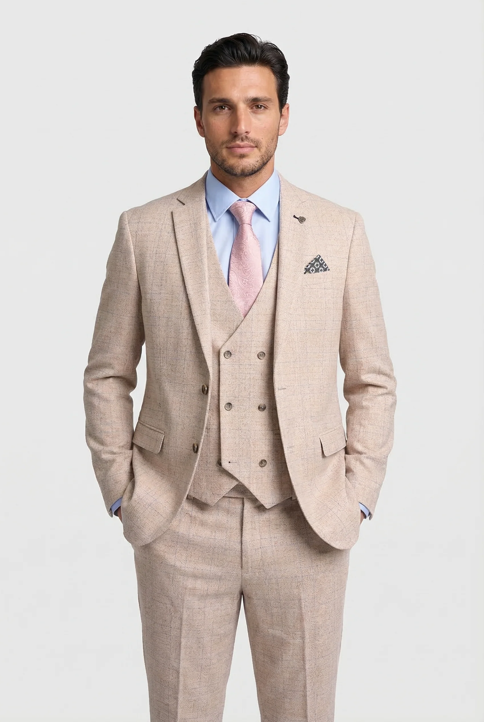 Men’s 3-Piece Tweed Like Glen Check Suit - Luis - Beige