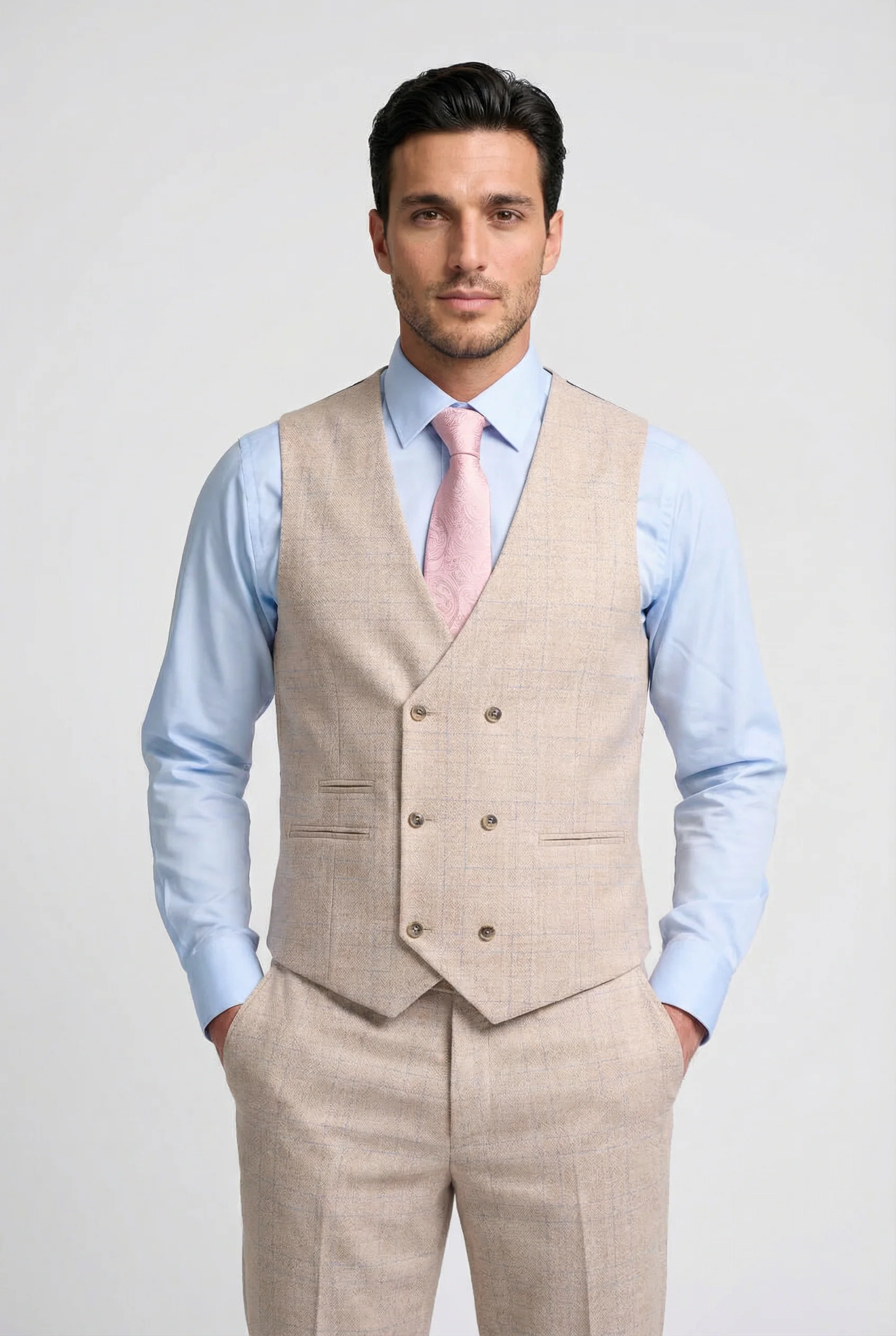 Men’s 3-Piece Tweed Like Glen Check Suit - Luis - Beige - Image 4