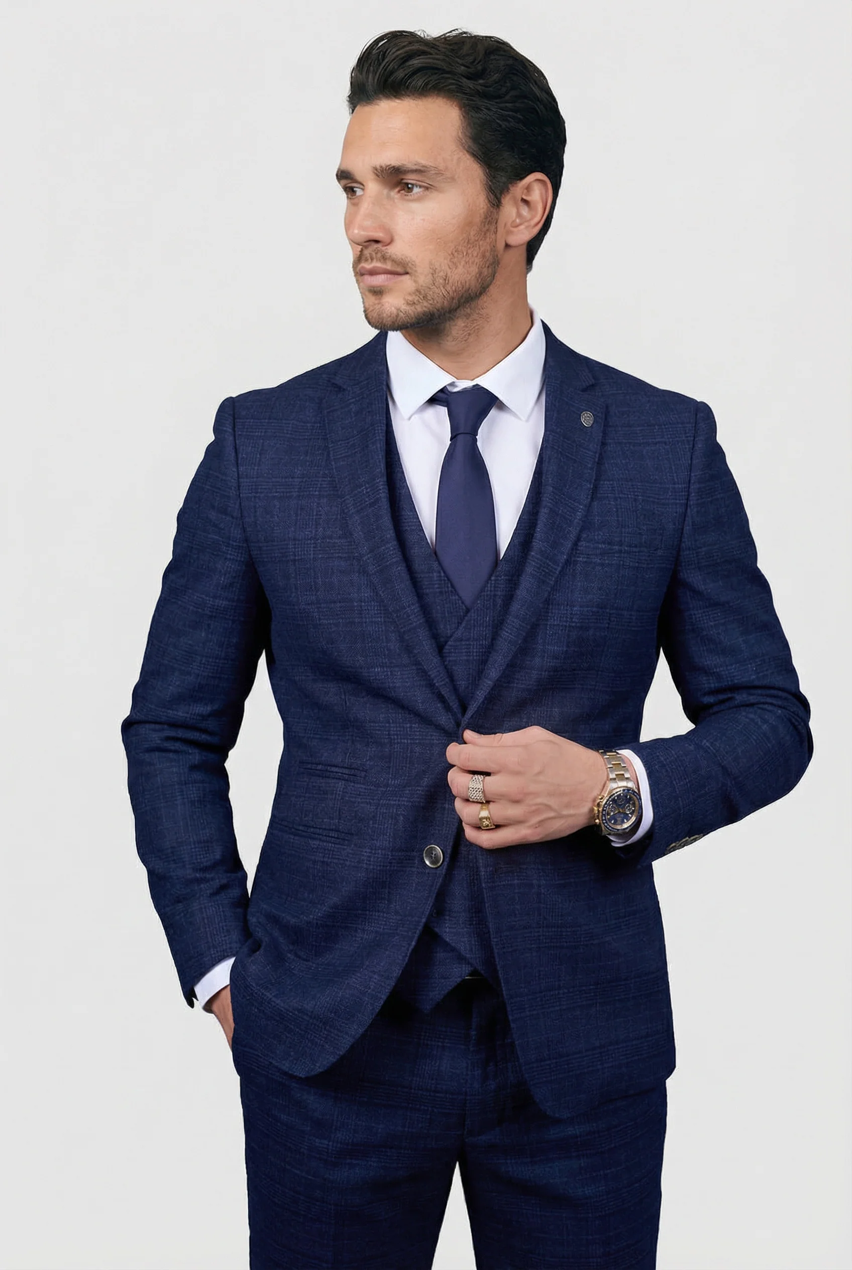 Men’s 3-Piece Tweed Like Glen Check Suit - Luis - Navy - Image 3