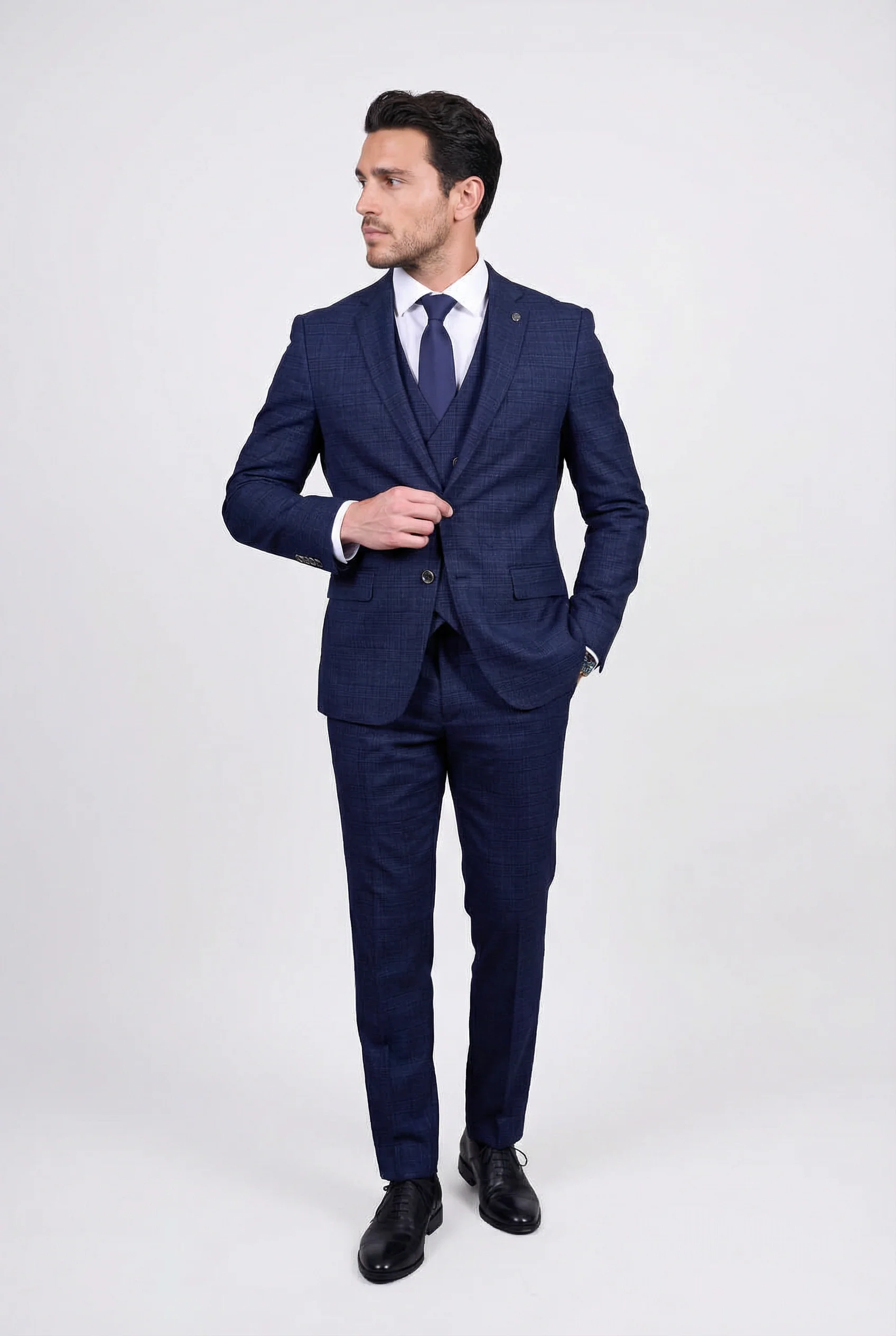 Men’s 3-Piece Tweed Like Glen Check Suit - Luis - Navy - Image 4