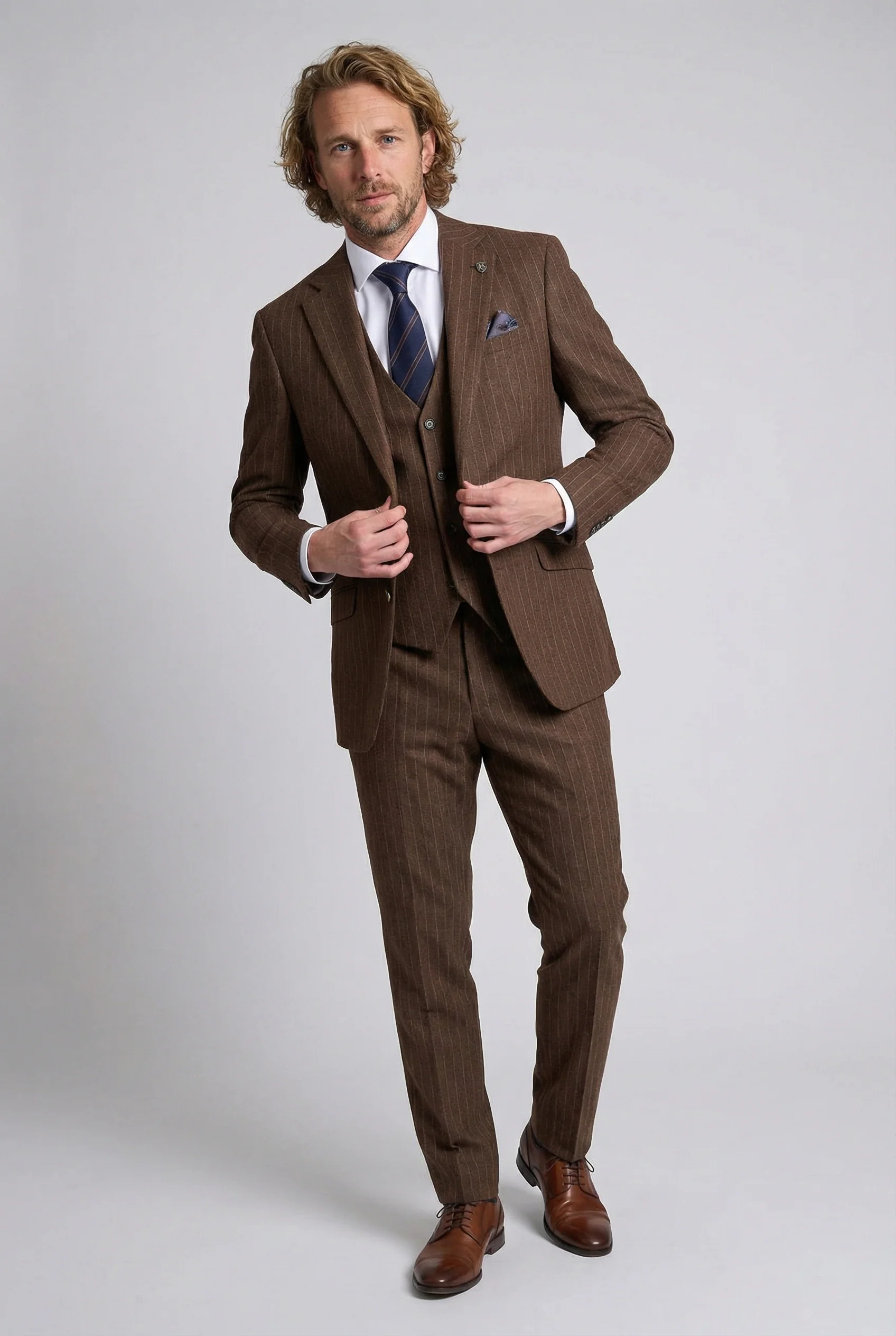 Men’s 3-Piece Wool Blend Pinstripe Formal Suit - Victor - Brown - Image 2