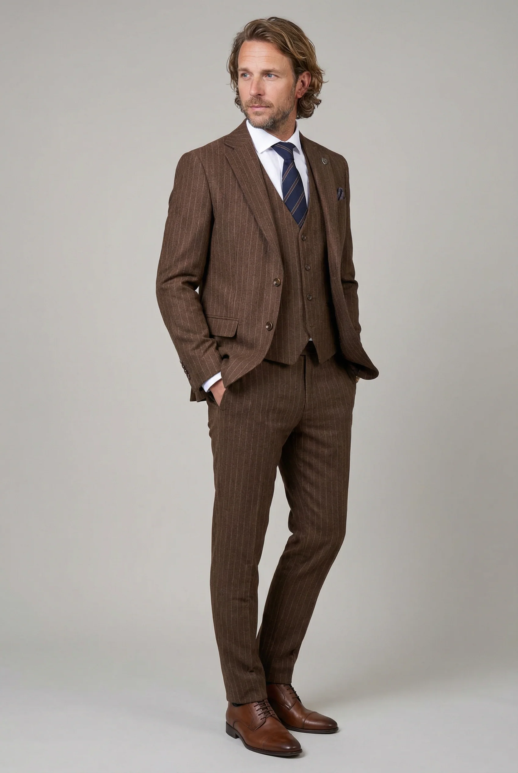 Men’s 3-Piece Wool Blend Pinstripe Formal Suit - Victor - Brown - Image 3