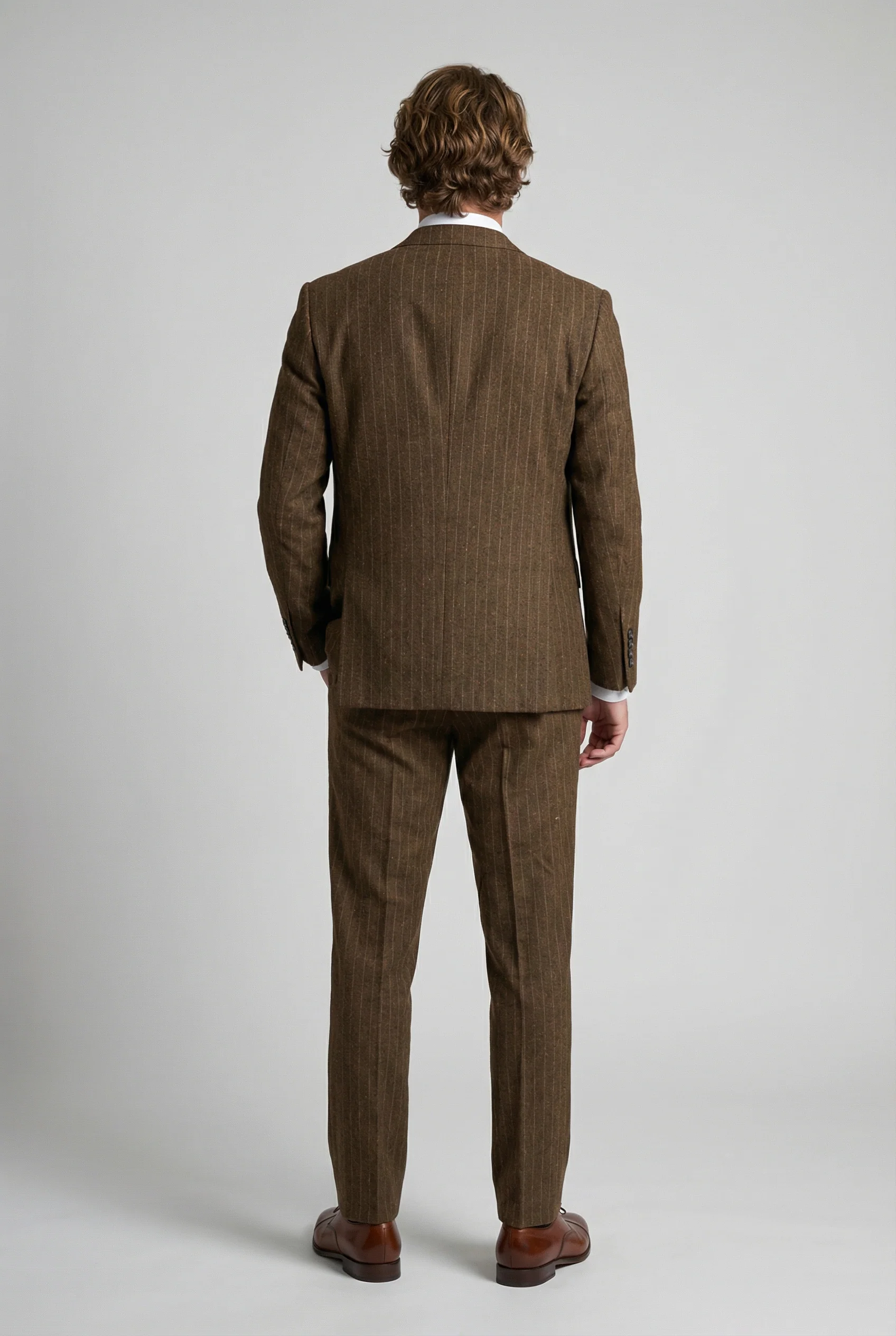 Men’s 3-Piece Wool Blend Pinstripe Formal Suit - Victor - Brown - Image 4