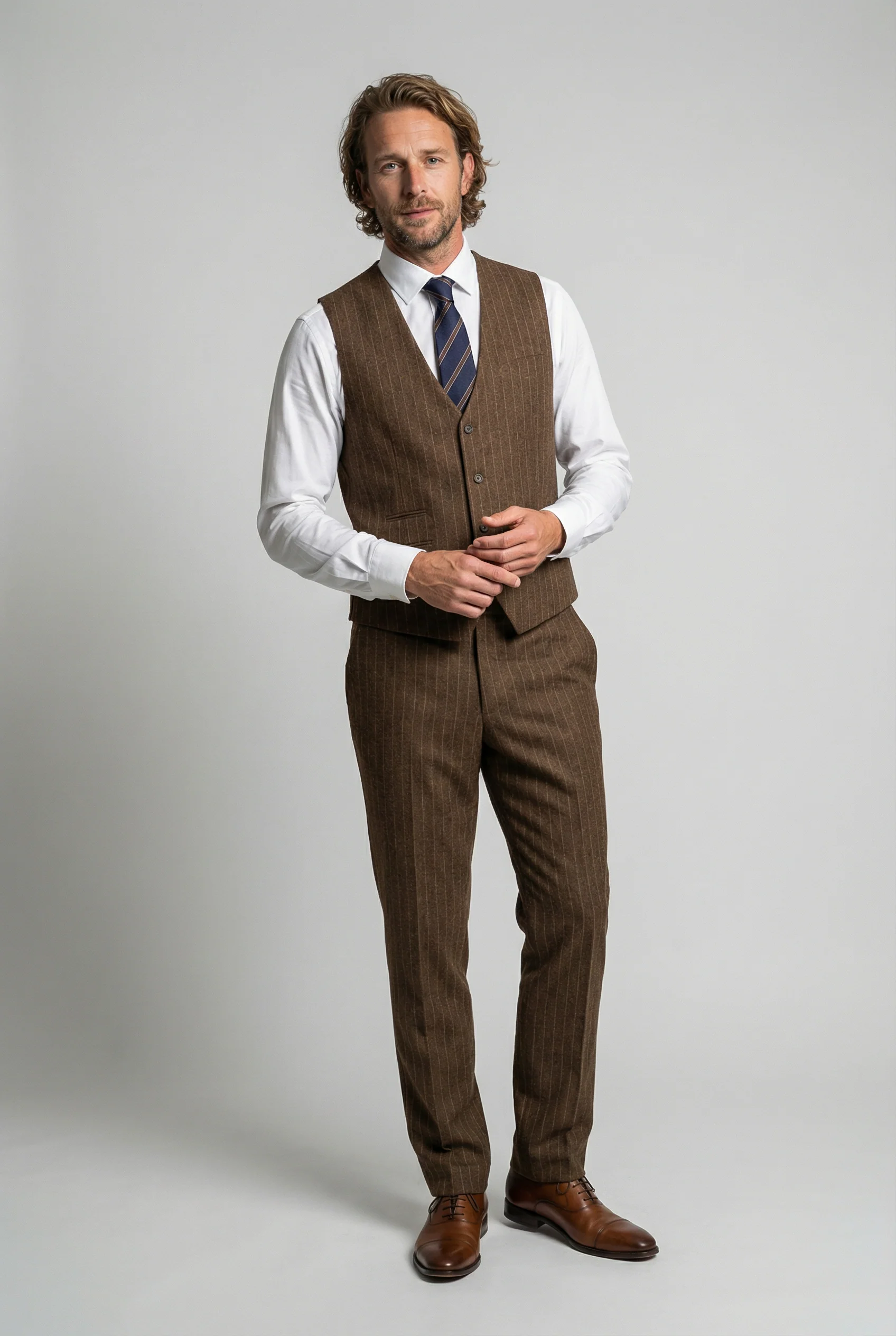 Men’s 3-Piece Wool Blend Pinstripe Formal Suit - Victor - Brown - Image 5