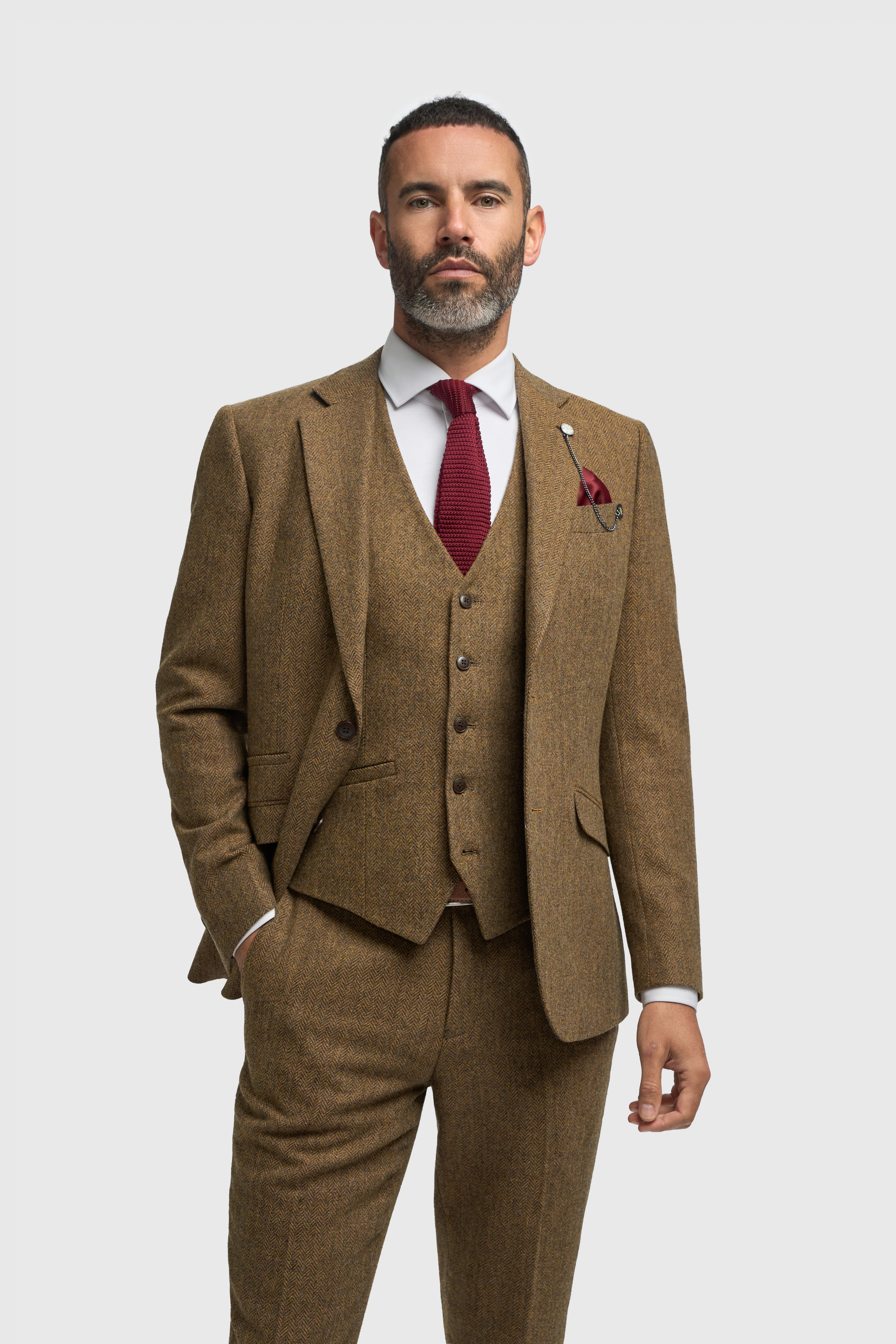 Men’s 3-Piece Wool Herringbone Tweed Suit - Thomas - Brown