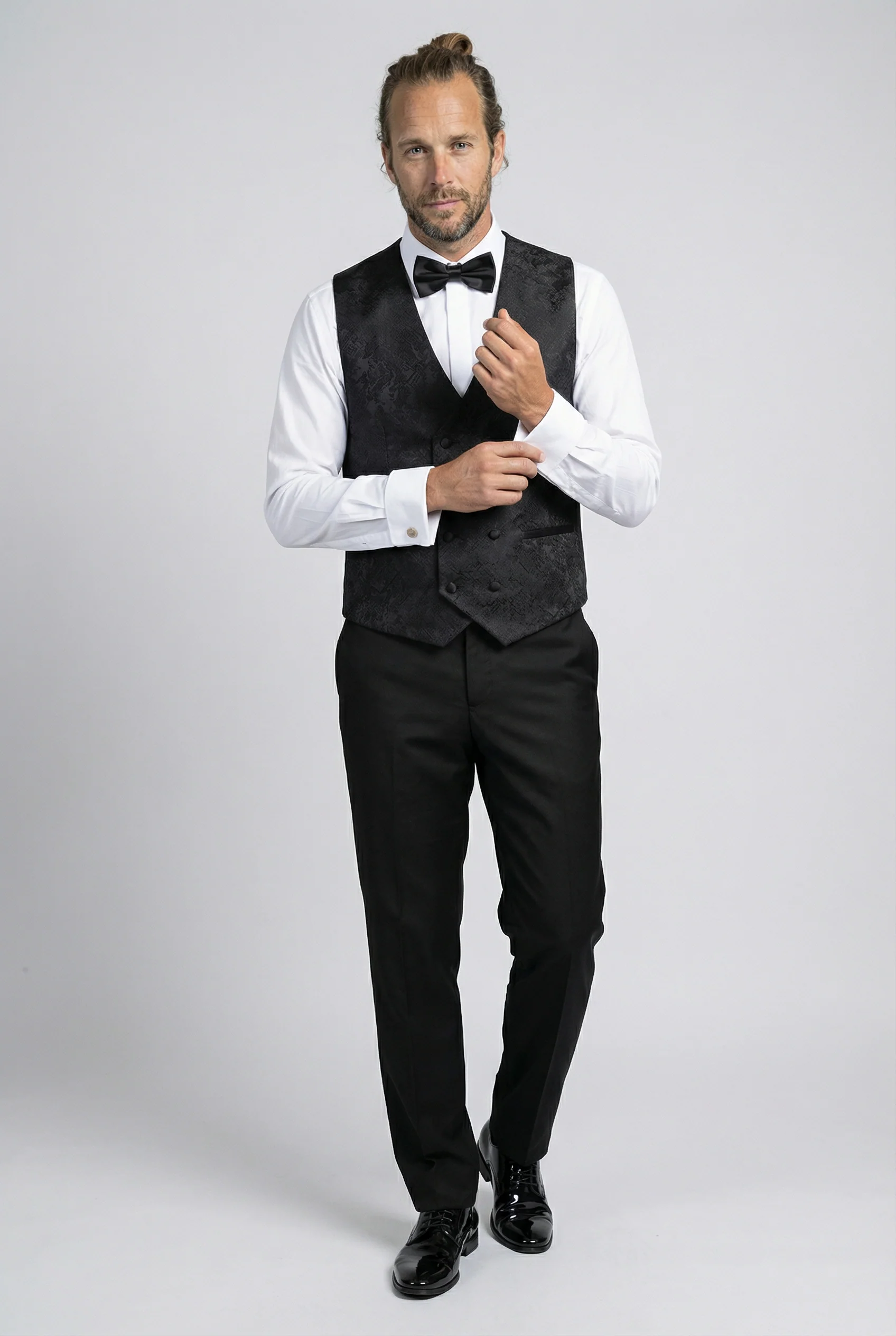 Men’s 4-Piece Cotton Blend Jacquard Tuxedo Suit with Double Breasted Waistcoat - Vincent -Black - Image 5