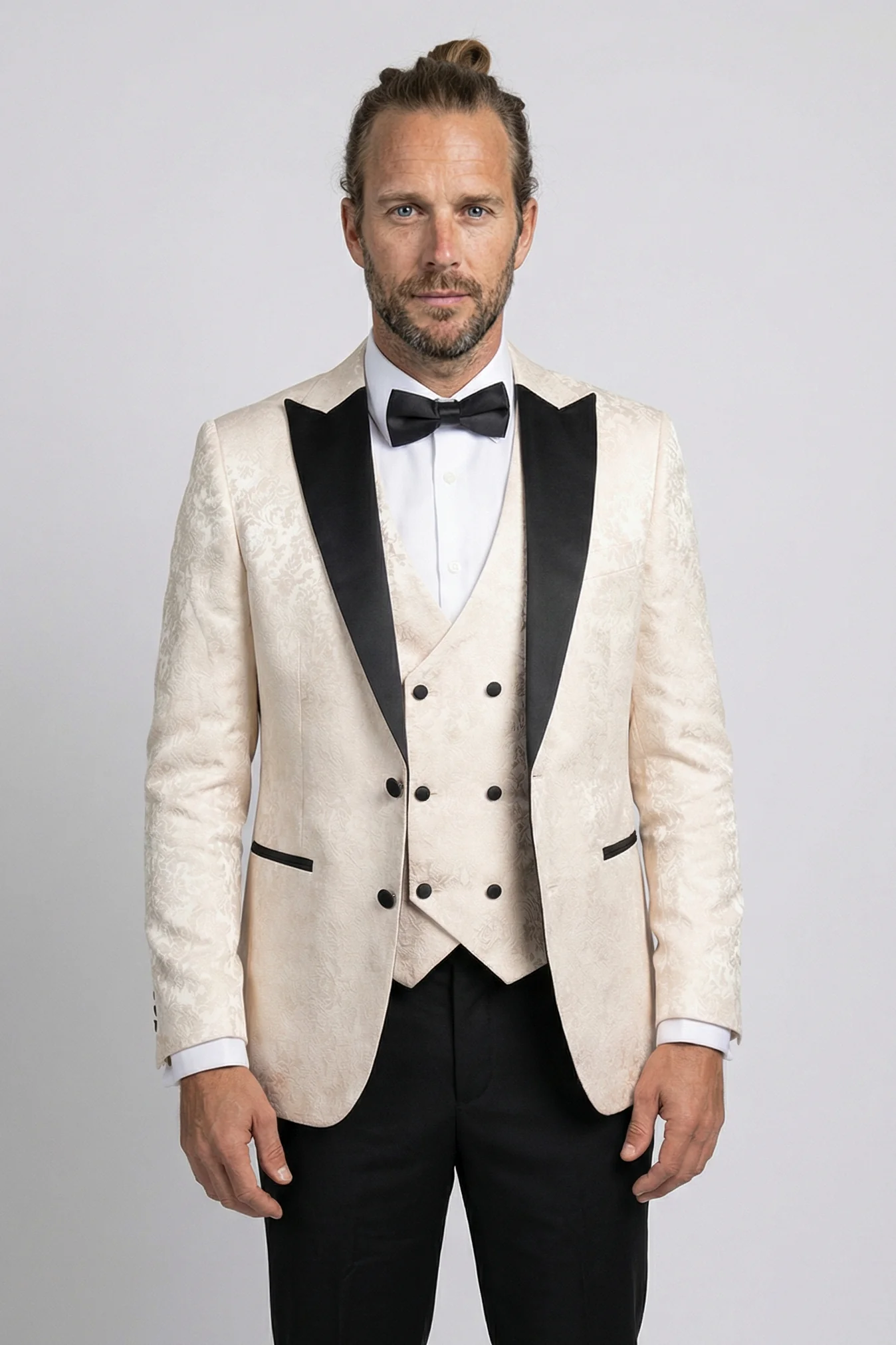 Men’s 4-Piece Cotton Blend Jacquard Tuxedo Suit with Double Breasted Waistcoat - Vincent -Cream