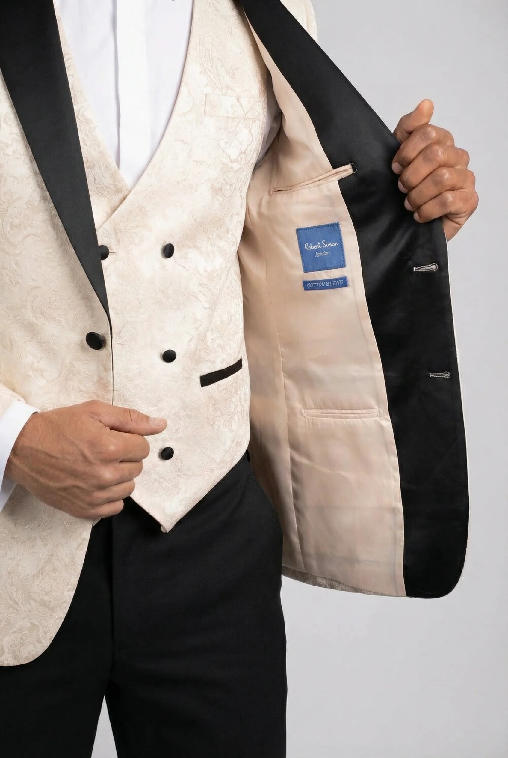 Men’s 4-Piece Cotton Blend Jacquard Tuxedo Suit with Double Breasted Waistcoat - Vincent -Cream - Image 10
