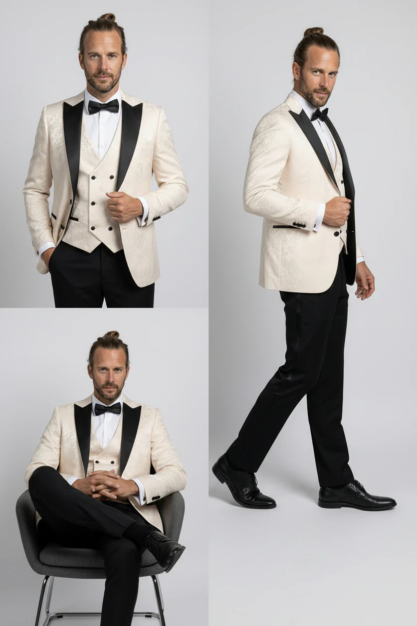 Men’s 4-Piece Cotton Blend Jacquard Tuxedo Suit with Double Breasted Waistcoat - Vincent -Cream - Image 11