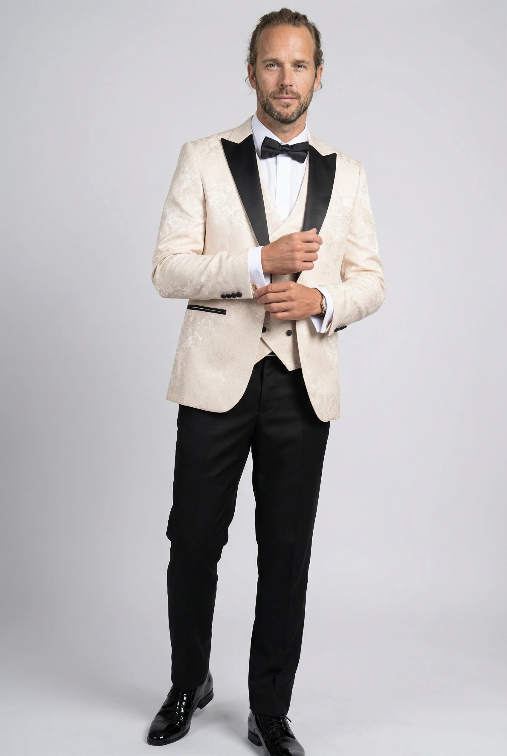 Men’s 4-Piece Cotton Blend Jacquard Tuxedo Suit with Double Breasted Waistcoat - Vincent -Cream - Image 2