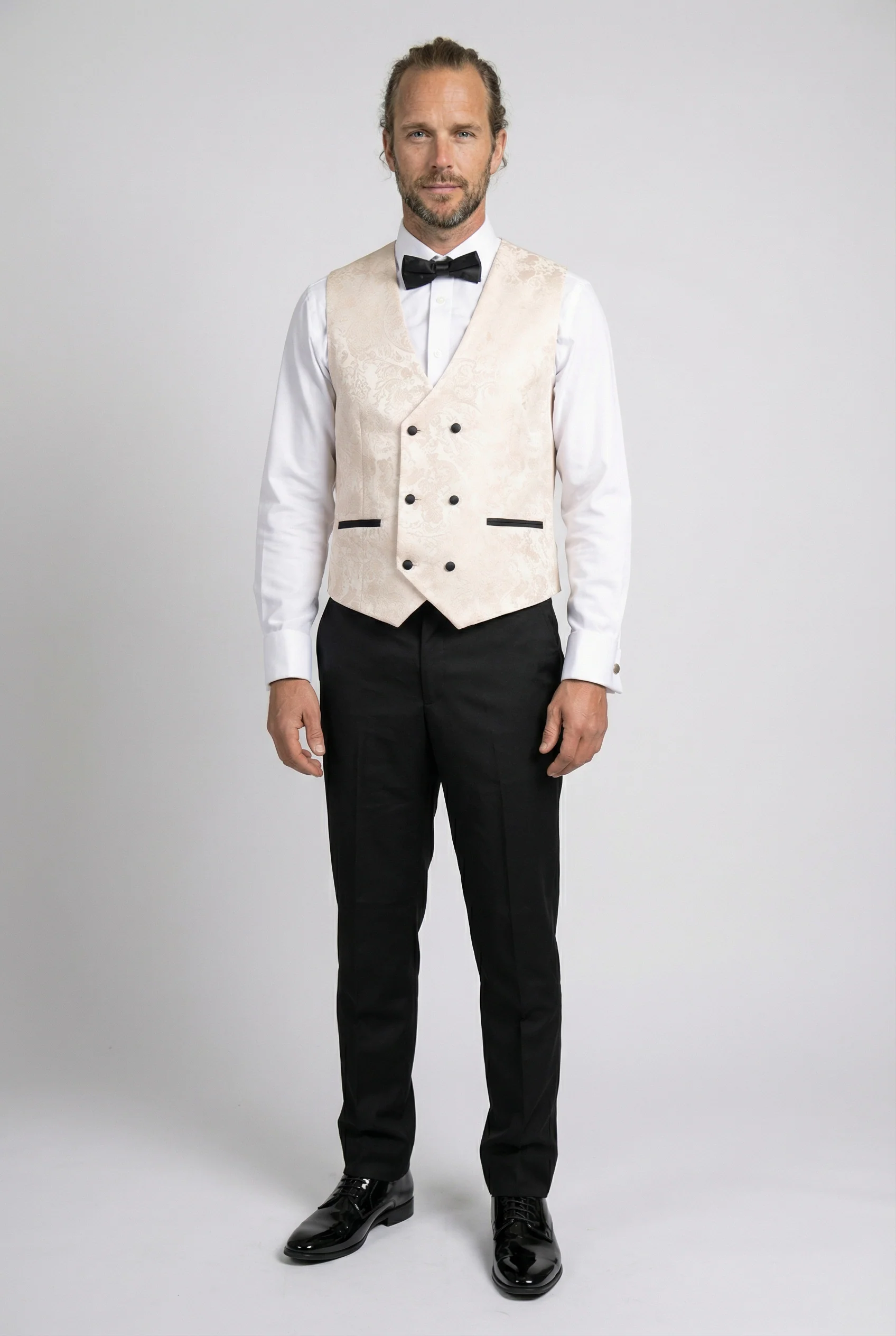 Men’s 4-Piece Cotton Blend Jacquard Tuxedo Suit with Double Breasted Waistcoat - Vincent -Cream - Image 5