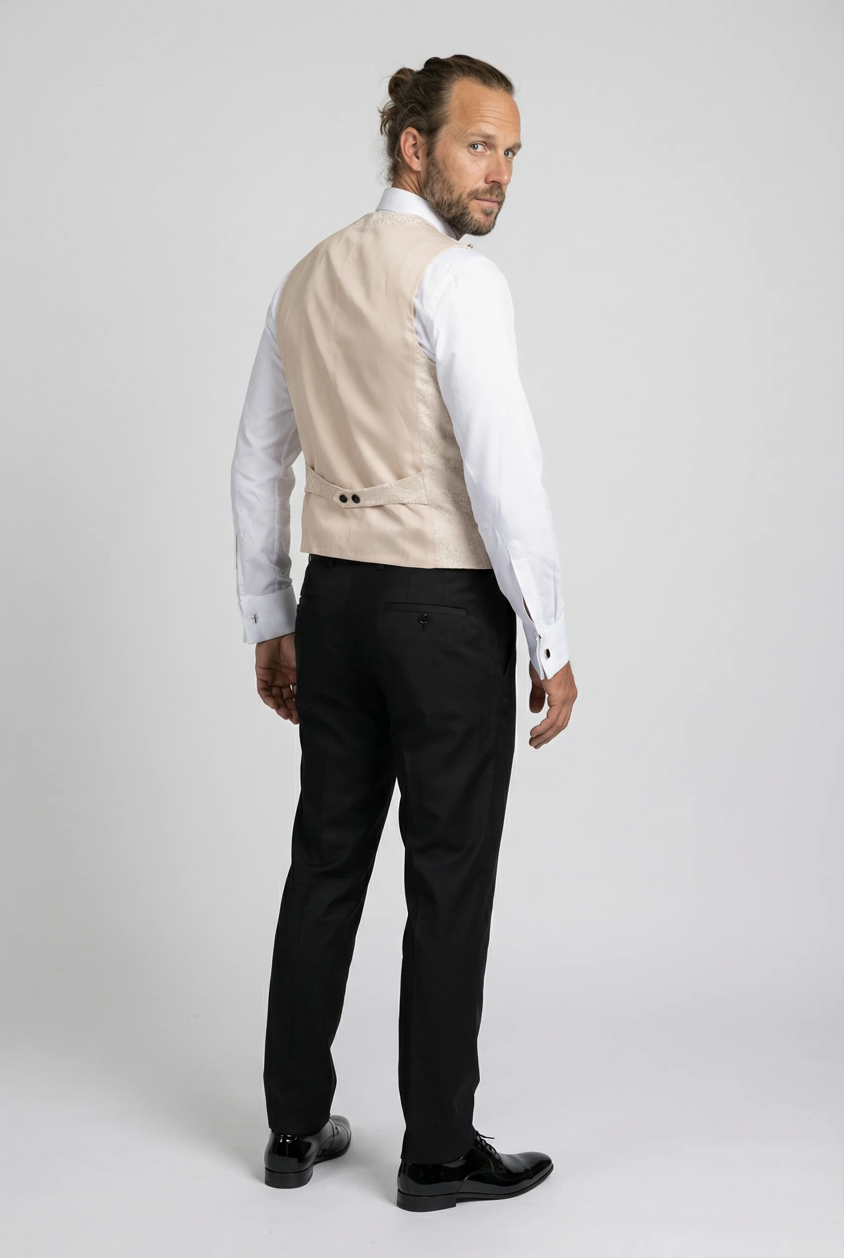 Men’s 4-Piece Cotton Blend Jacquard Tuxedo Suit with Double Breasted Waistcoat - Vincent -Cream - Image 6