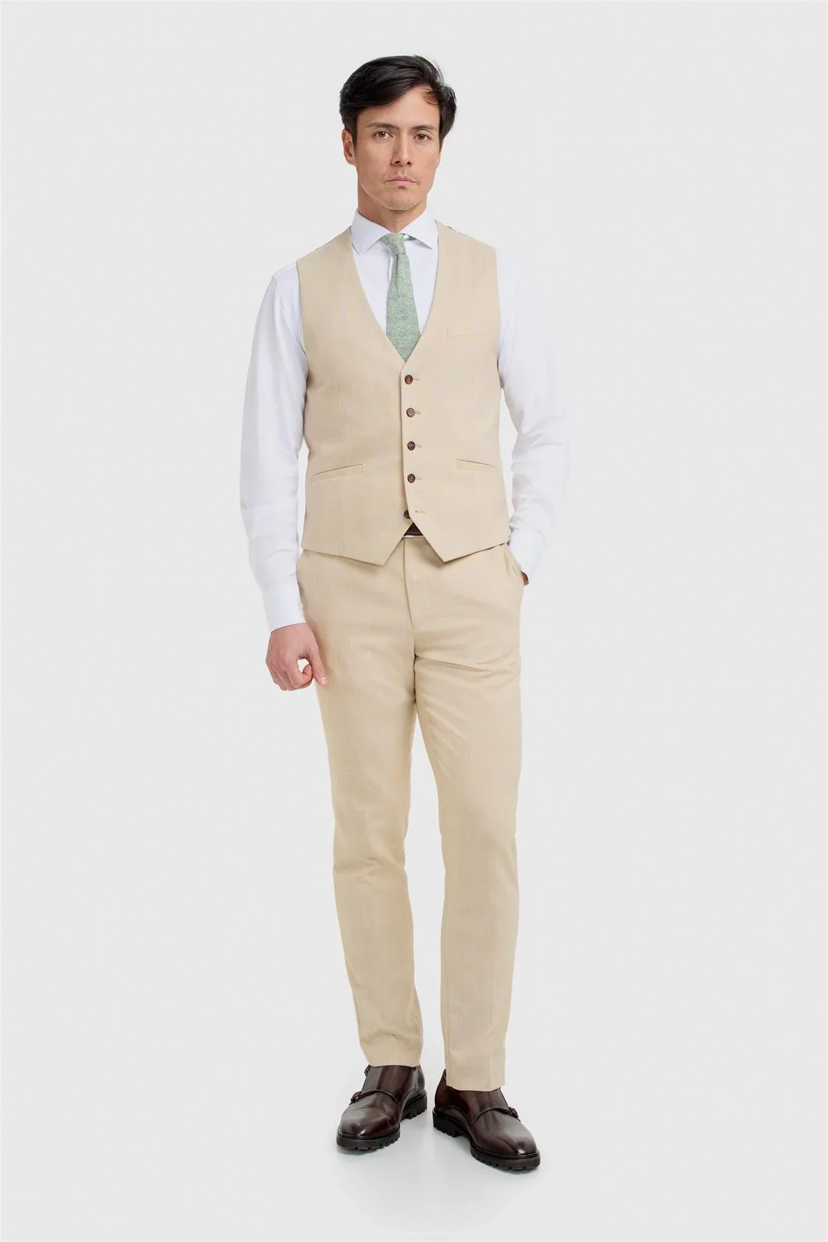 Men’s Beige Textured Waistcoat - Camden - Beige - Image 2