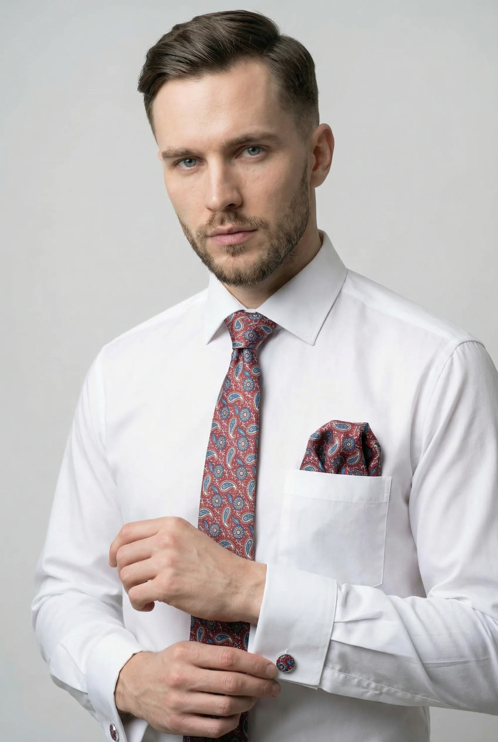 Men’s Burgundy Paisley Tie & Hanky with Cufflink Set - Joshua - Image 2