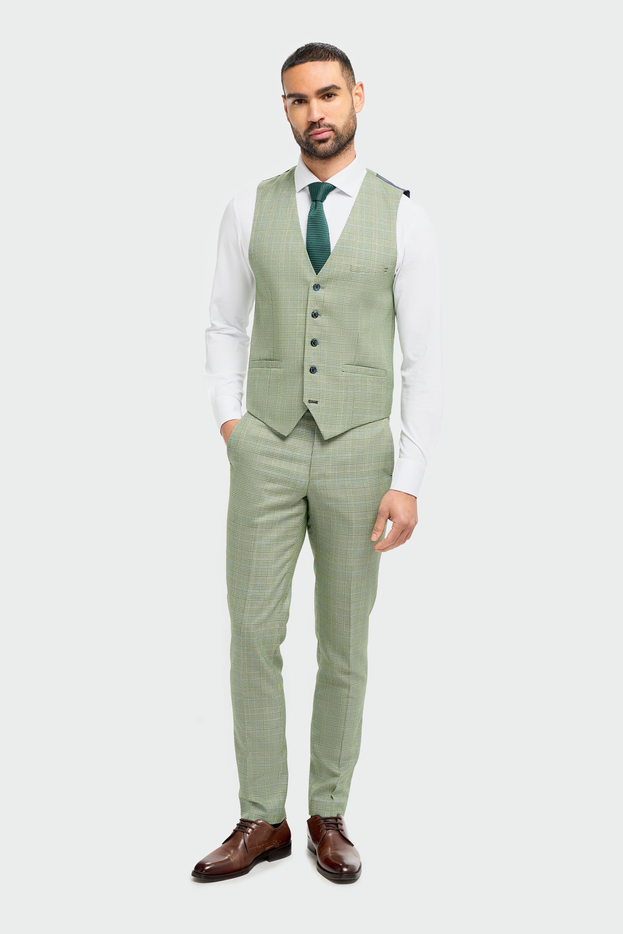 Men's Tweed Houndstooth Check Slim Fit Formal Waistcoat - CARIDI - Sage Green - Image 2