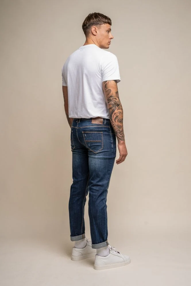 Men's Casual Slim Fit Denim Stretch Jeans - Dark Blue - Image 3