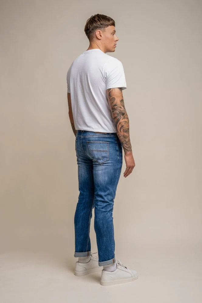 Men's Slim Fit Denim Stretch Jeans - BLAZE - Mid Blue - Image 3