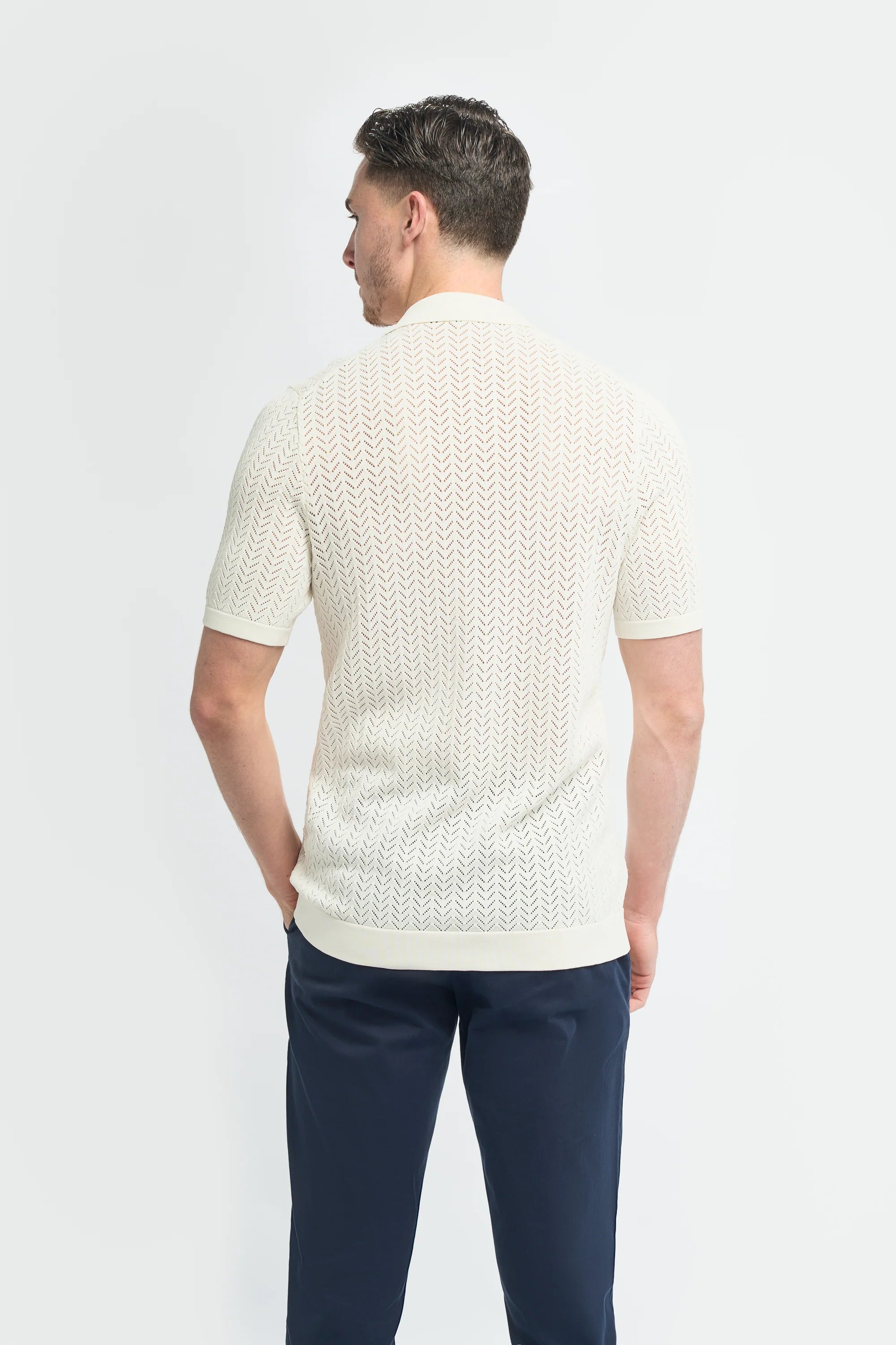 Men’s Chevron Lace Knit Button Down Shirt - Barts - Ivory - Image 3