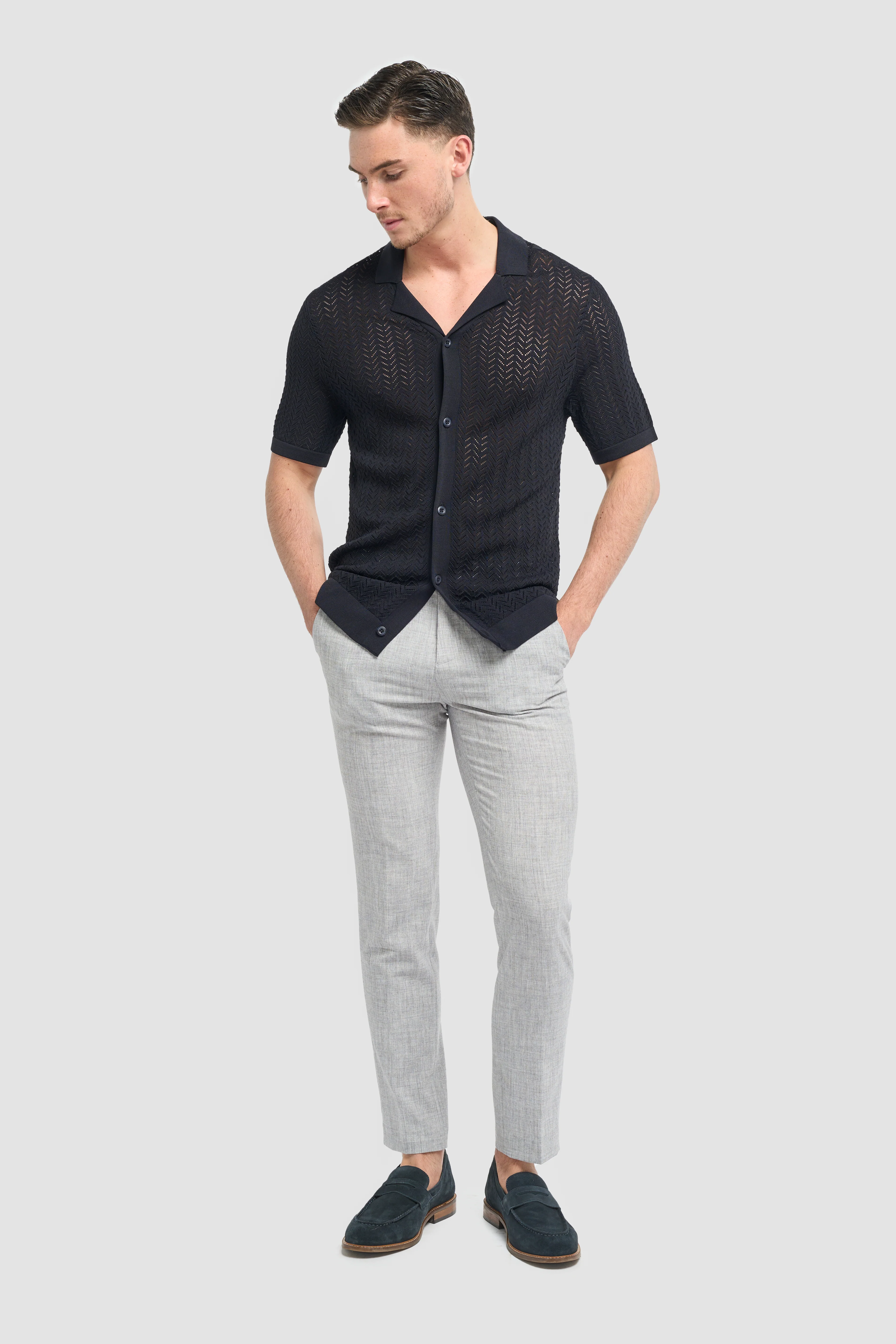 Men’s Chevron Lace Knit Button Down Shirt - Barts - Navy - Image 2