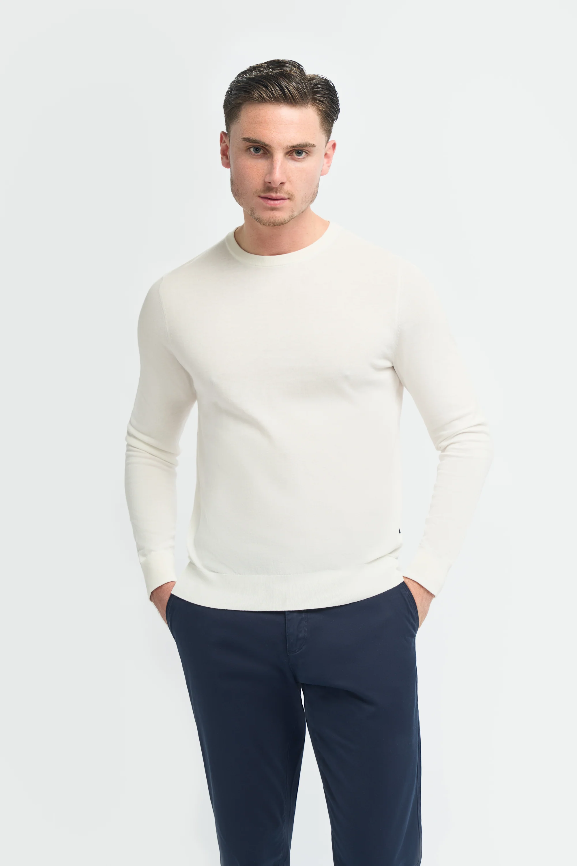 Men’s Cotton Crew Neck Knit Jumper - Savio - Ivory