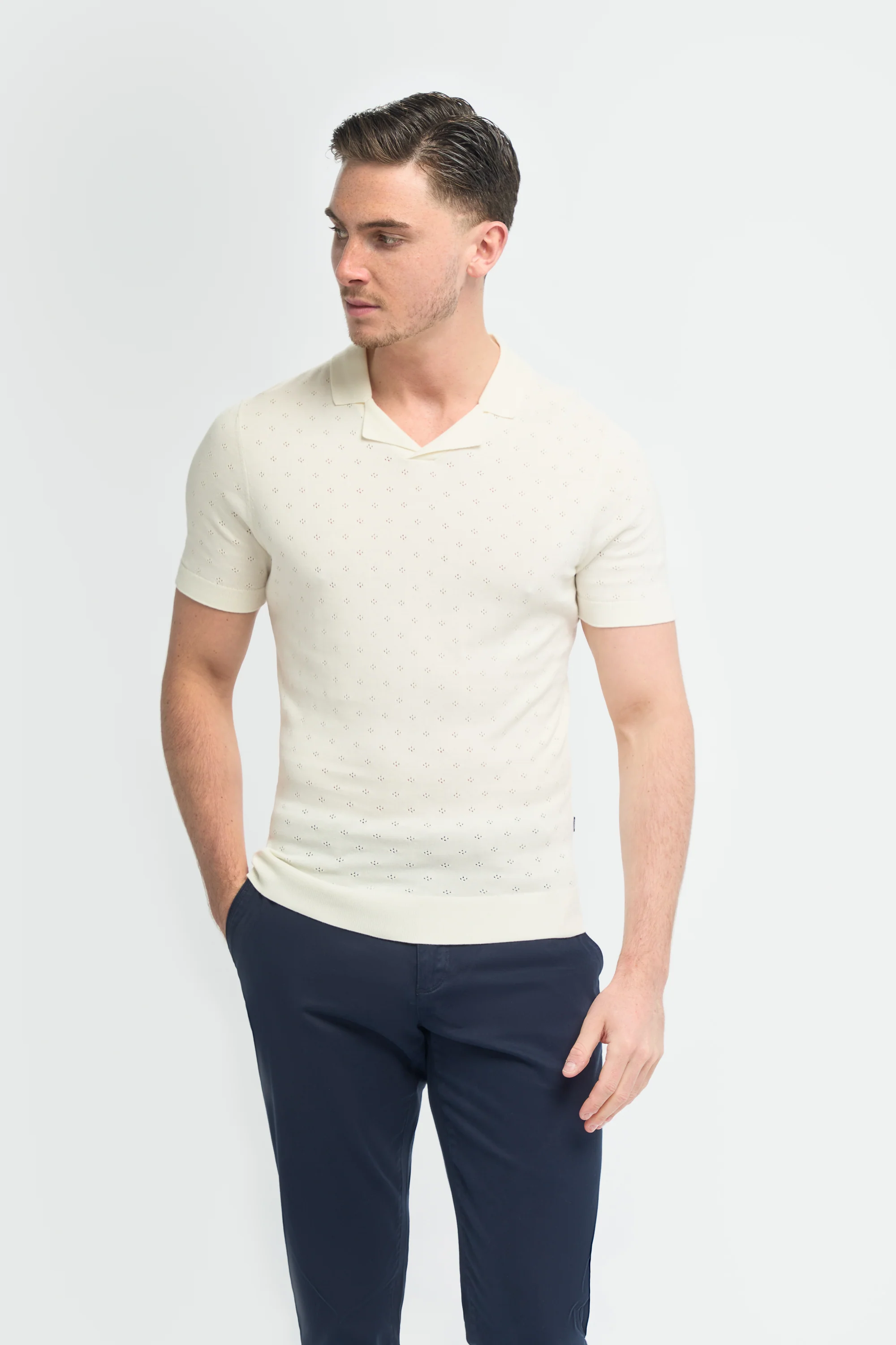 Men’s Cotton Knit Polo Shirt with Johnny Collar - Alfan - Ecru
