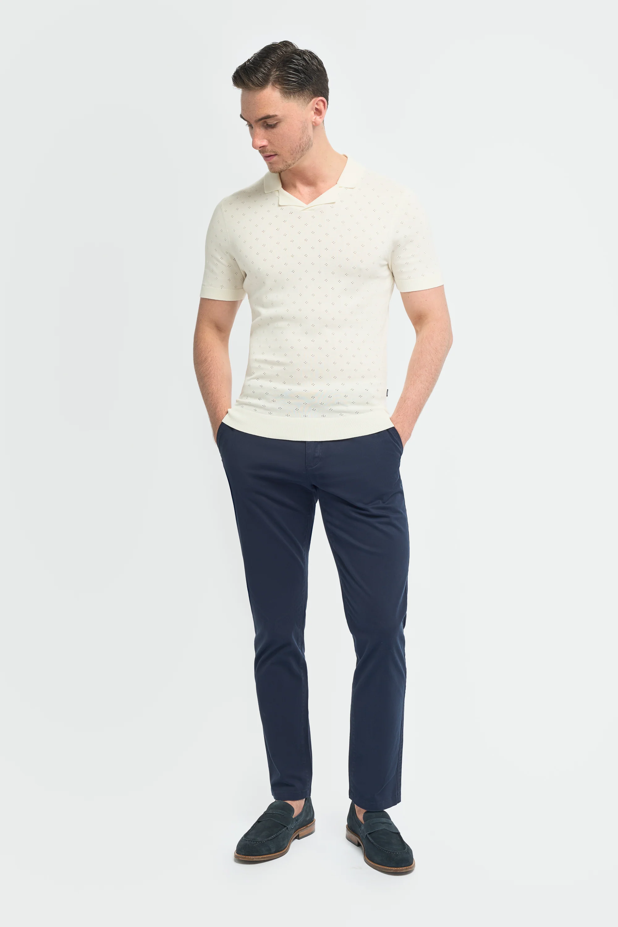 Men’s Cotton Knit Polo Shirt with Johnny Collar - Alfan - Ecru - Image 2