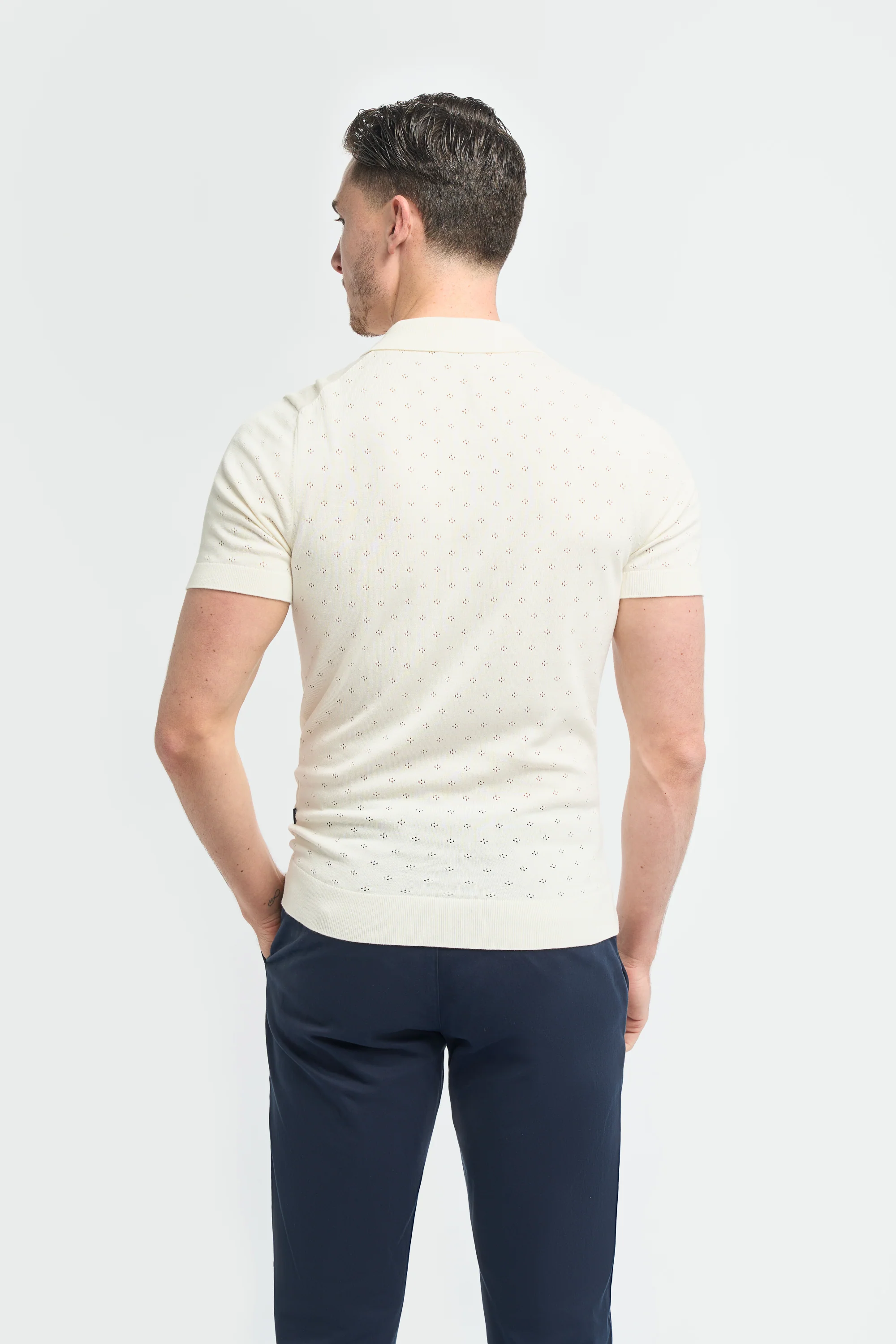 Men’s Cotton Knit Polo Shirt with Johnny Collar - Alfan - Ecru - Image 3
