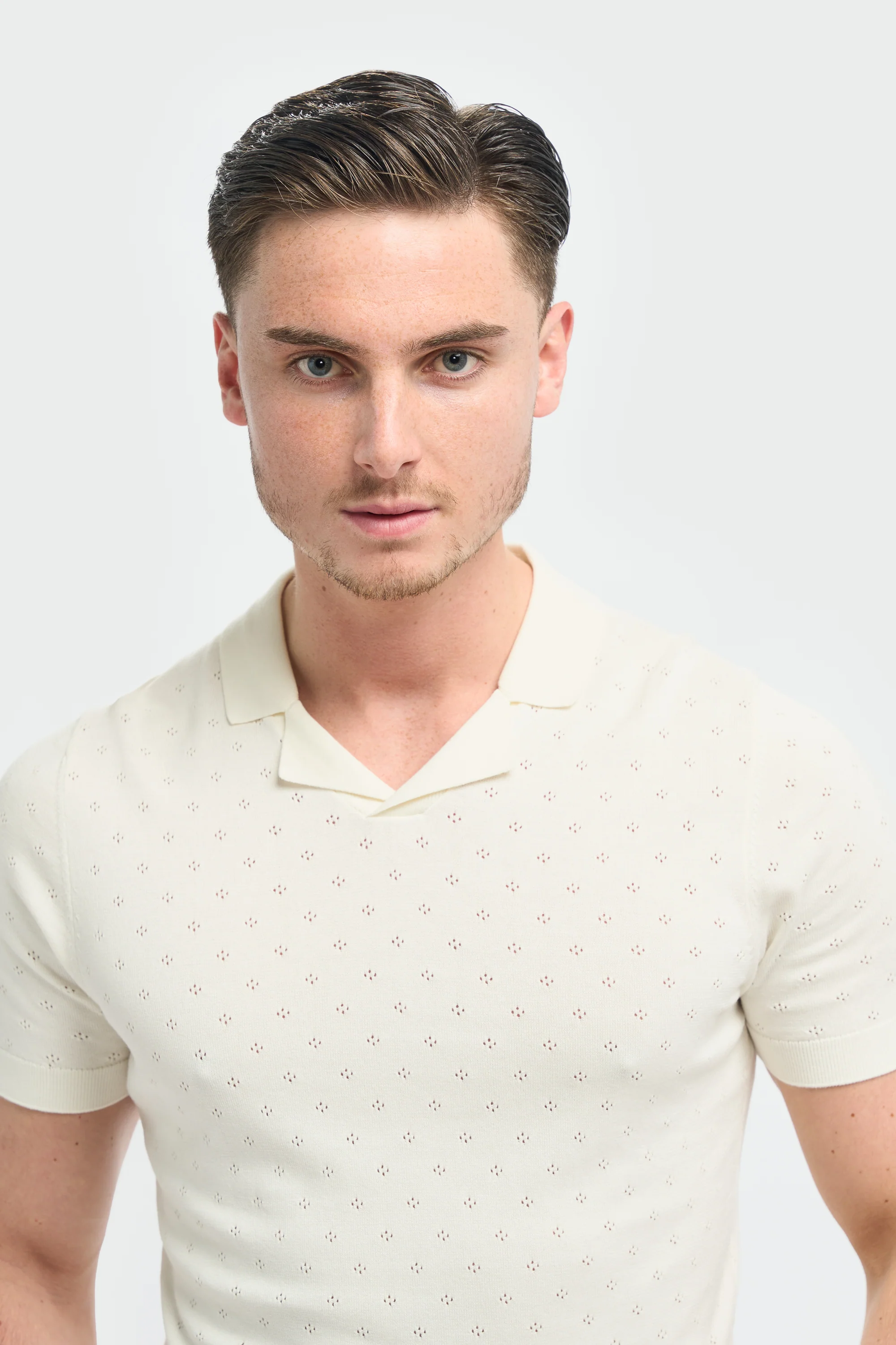 Men’s Cotton Knit Polo Shirt with Johnny Collar - Alfan - Ecru - Image 4