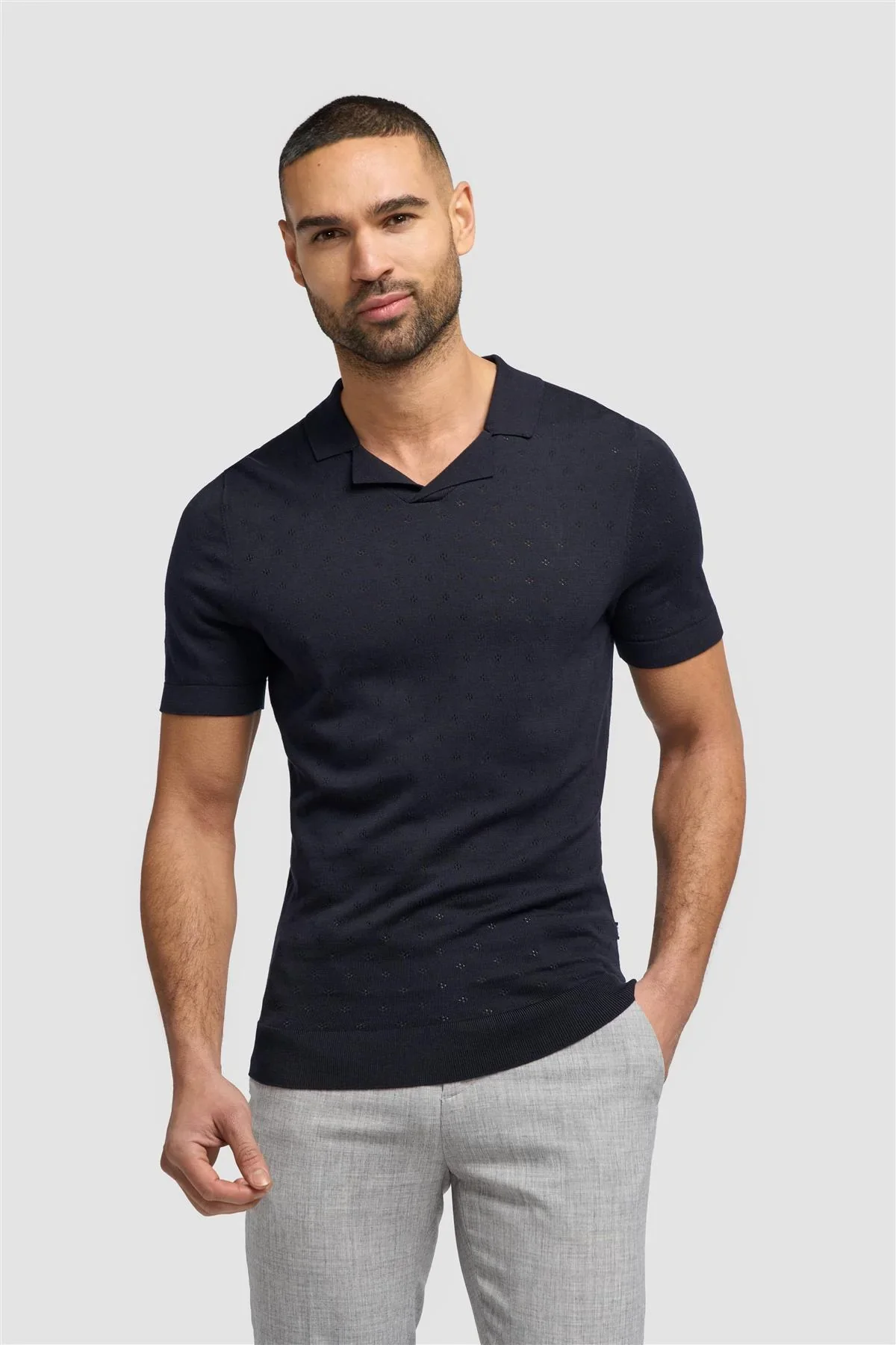 Men’s Cotton Knit Polo Shirt with Johnny Collar - Alfan - Navy