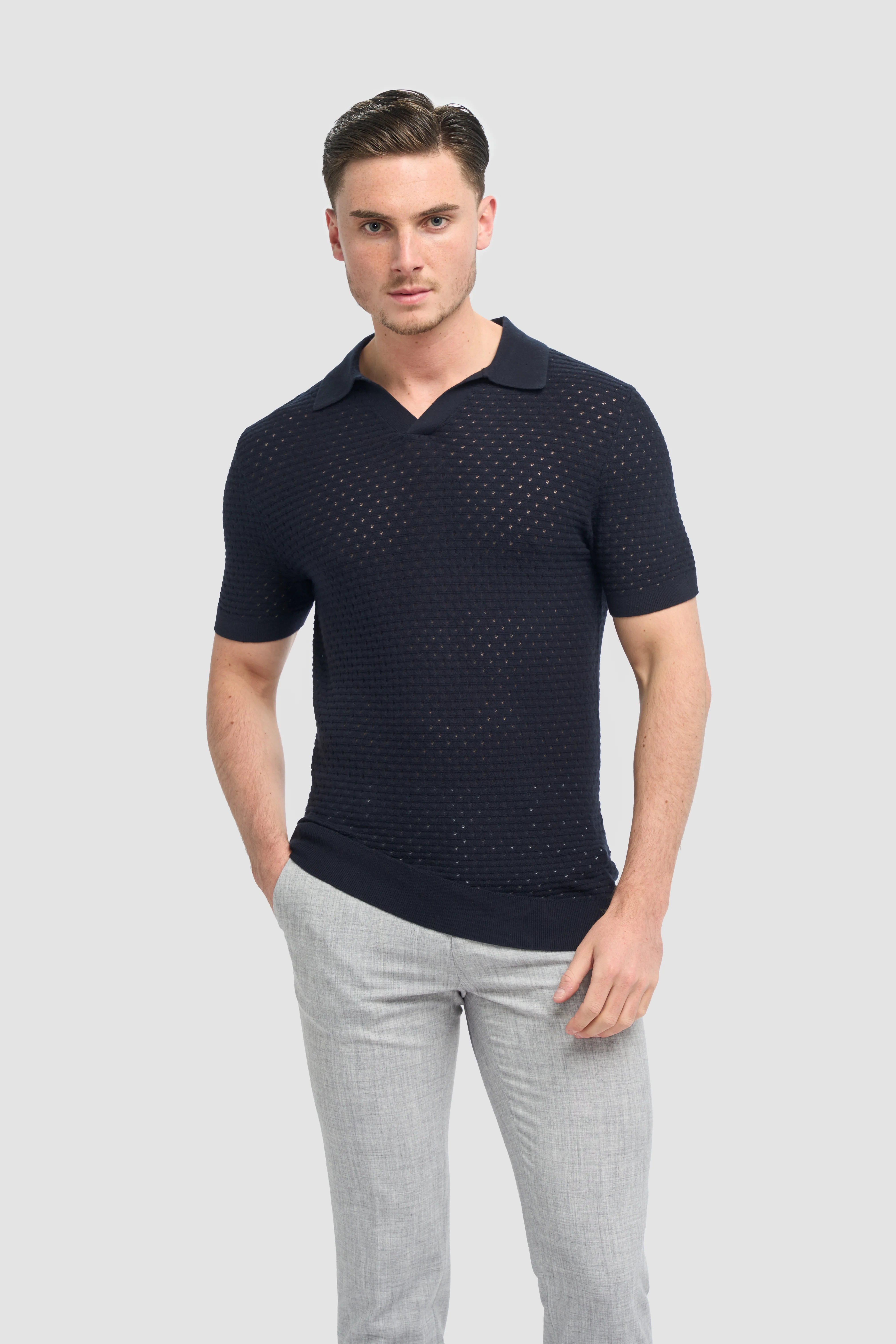 Men’s Cotton Knit V-Neck Polo Shirt - Axel - Navy