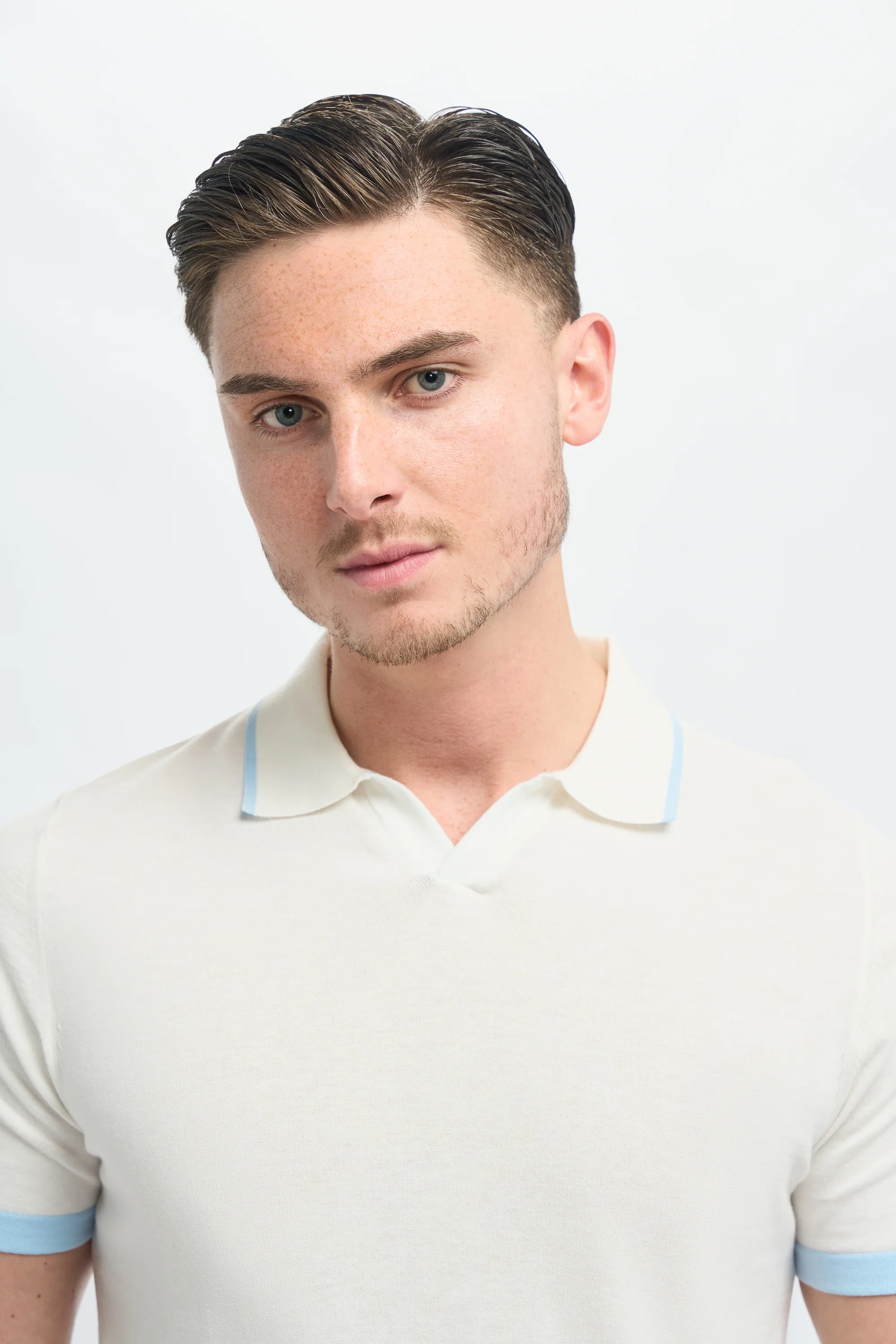 Men’s Cotton Knit V-Neck Polo Shirt with Tipped Trim - Enrico - Ivory - Image 4