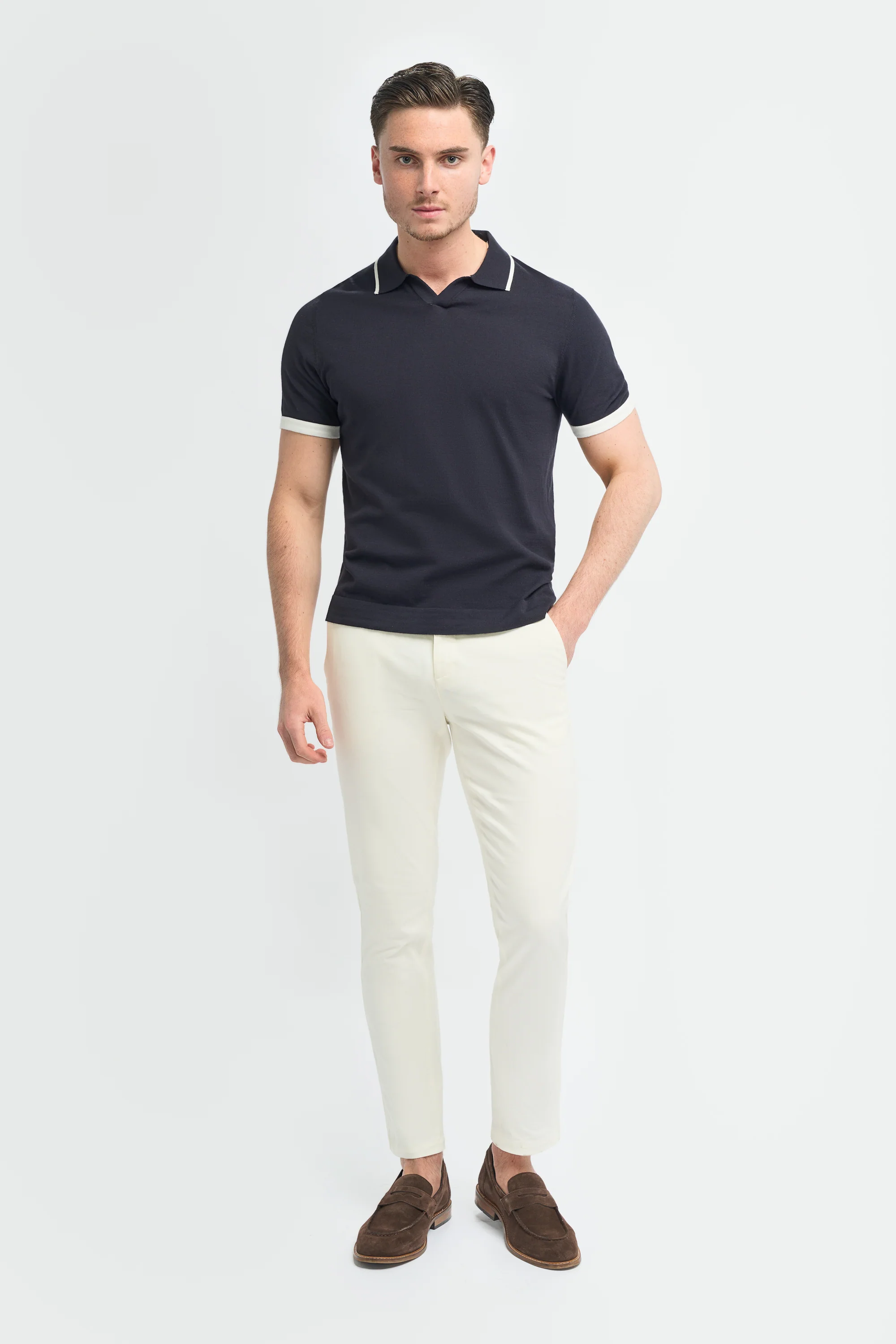Men’s Cotton Knit V-Neck Polo Shirt with Tipped Trim - Enrico - Navy - Image 2