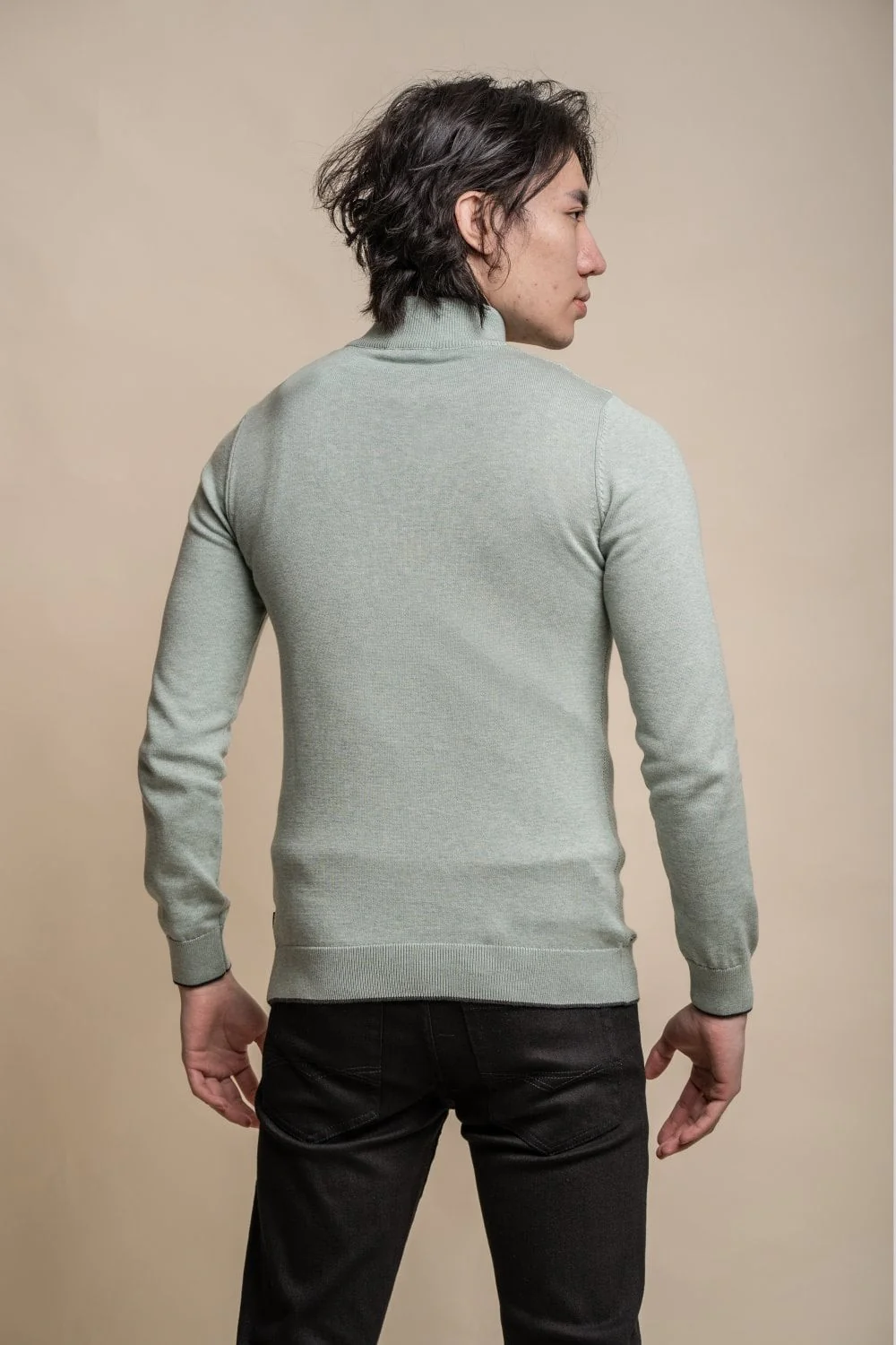 Men's Quarter Zip Knit Cotton Pullover - KYLE - Almond Green - Image 3