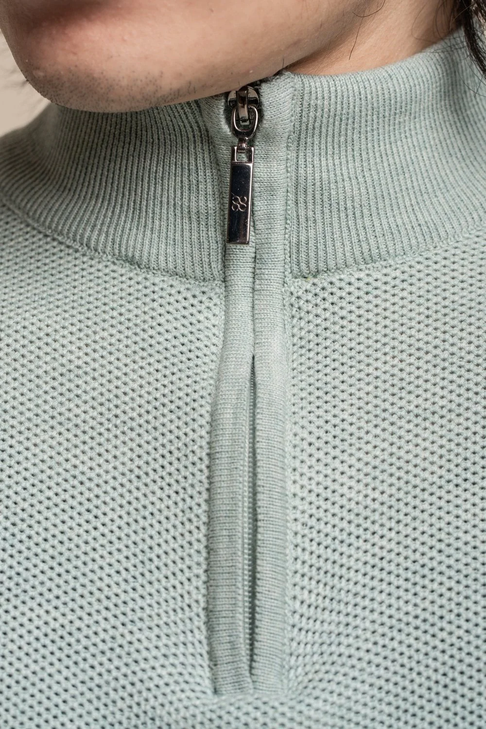 Men's Quarter Zip Knit Cotton Pullover - KYLE - Almond Green - Image 4