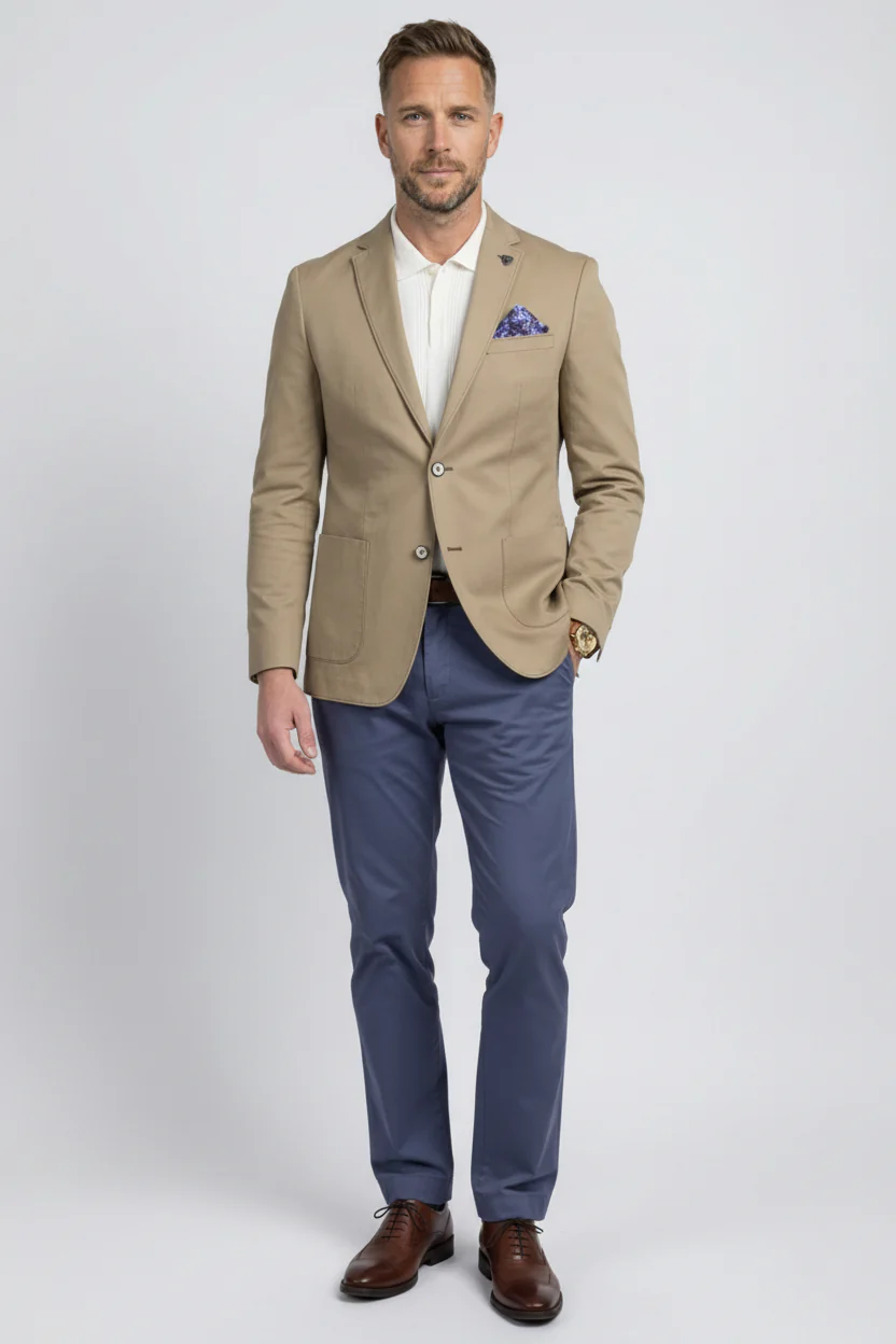 Men’s Cotton Twill Blazer with Patch Pockets - Ethan - Tan - Image 2