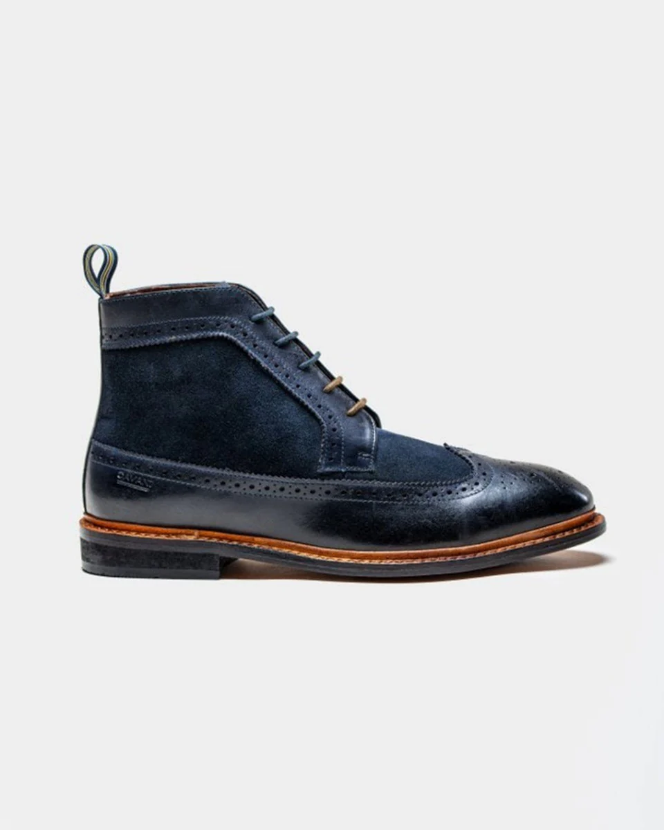 Men's Genuine Leather and Suede Brogue Boots - BOSWORTH - Navy Blue - Image 2