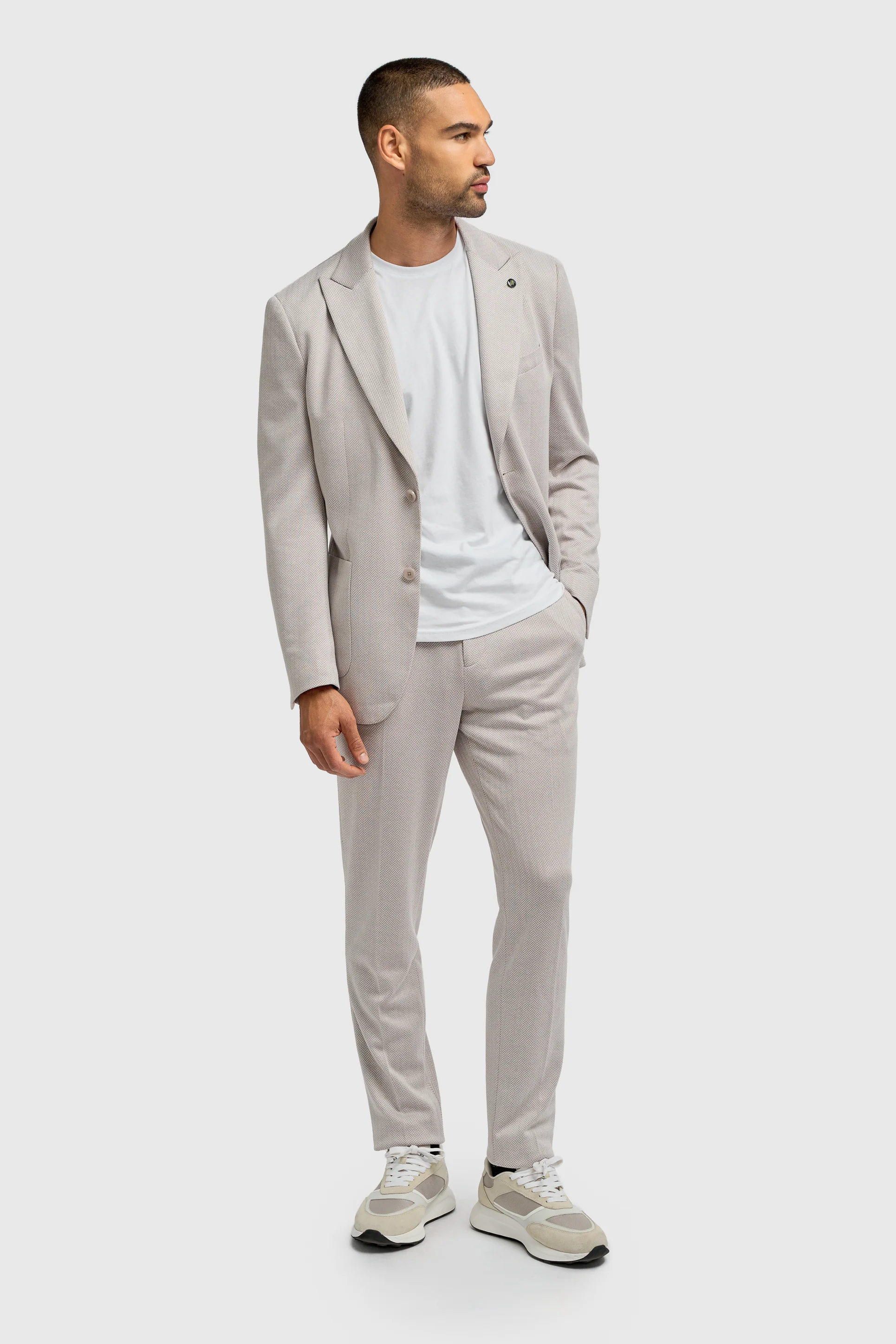 Men’s Herringbone Casual Suit Jacket - Vasco - Beige - Image 2