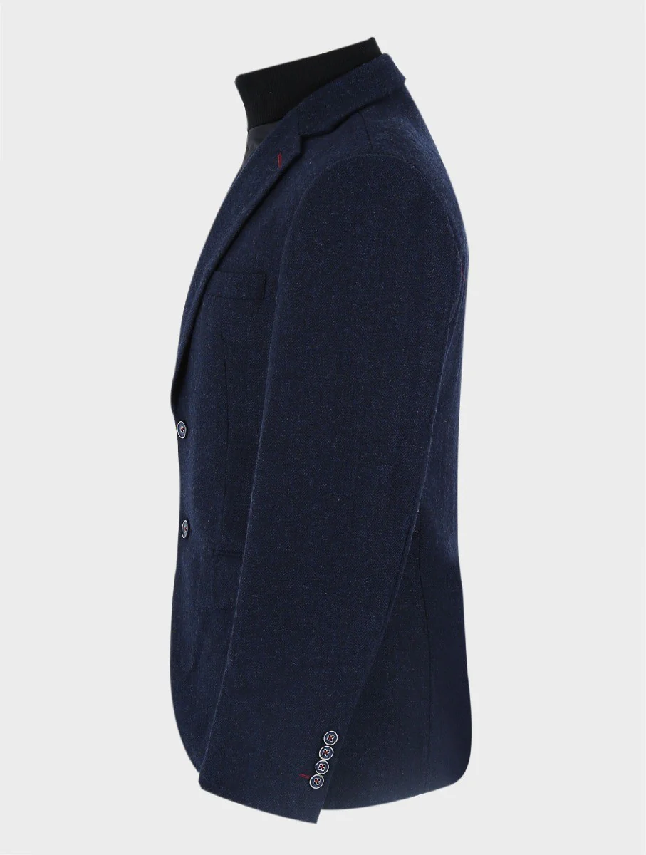Men's Herringbone Navy Coat with Removable Zipper - Navy Blue - Image 2