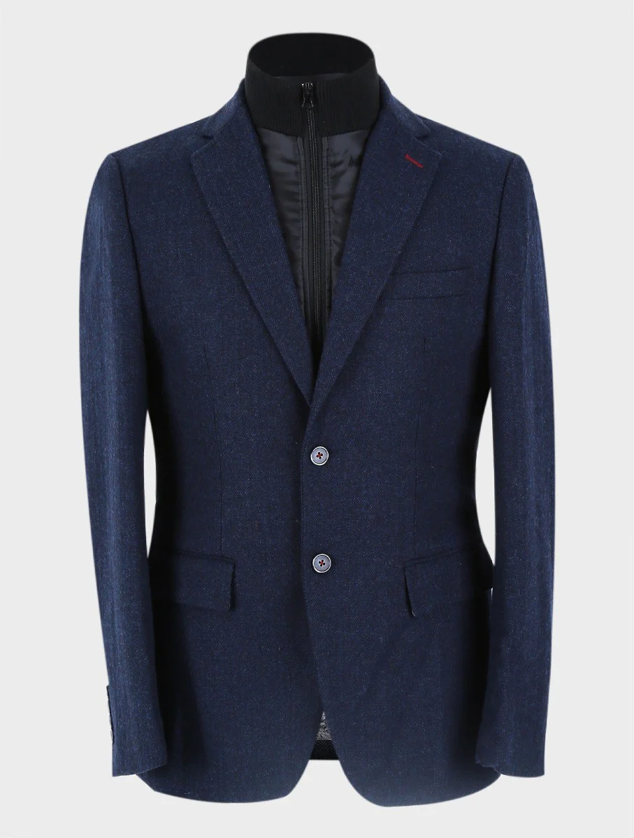 Men's Herringbone Navy Coat with Removable Zipper - Navy Blue - Image 3