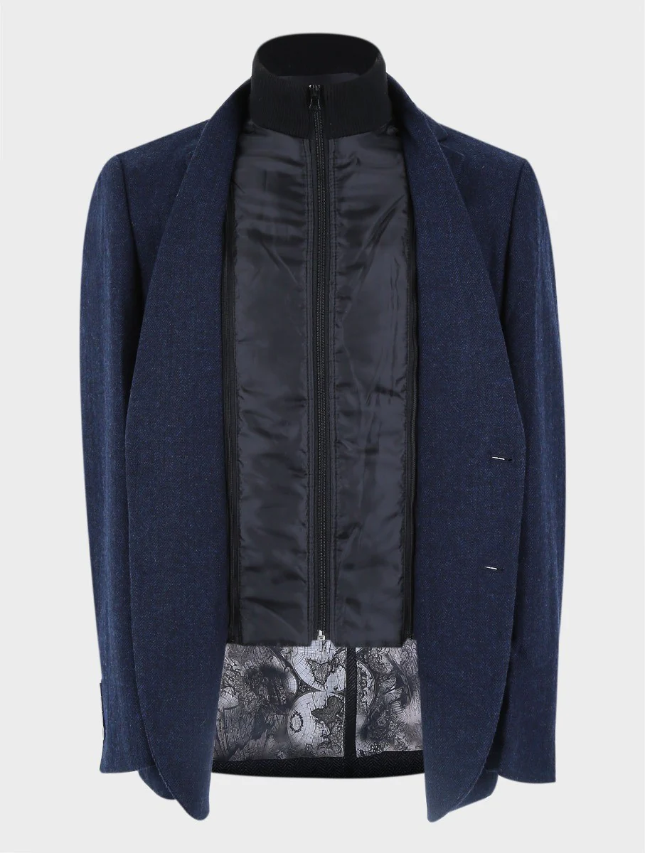 Men's Herringbone Navy Coat with Removable Zipper - Navy Blue - Image 4