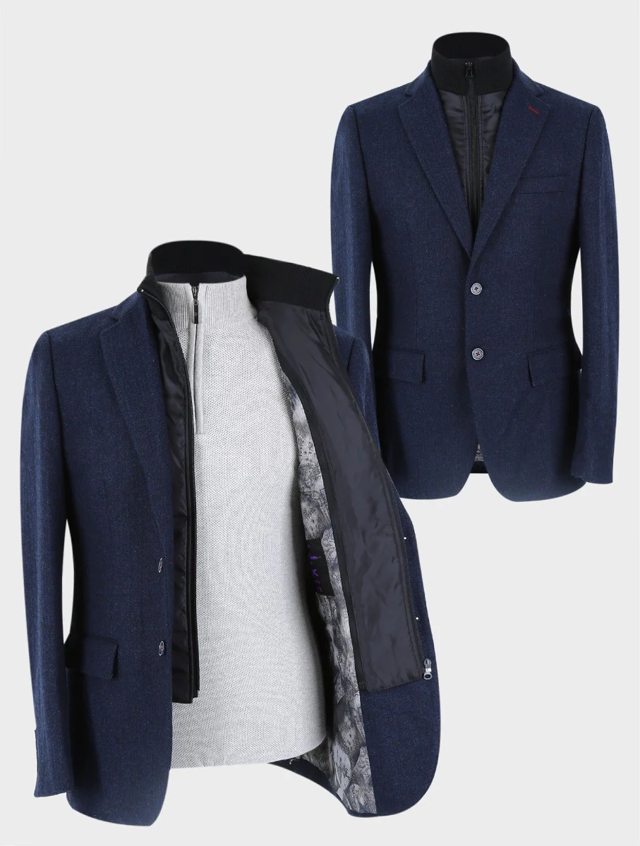 Men's Herringbone Navy Coat with Removable Zipper - Navy Blue - Image 7