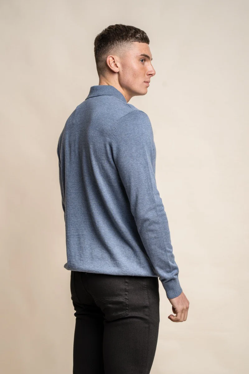 Men's Cotton Mock Neck Quarter Zip Jumper - Falcao - Mid-Denim Blue - Image 2