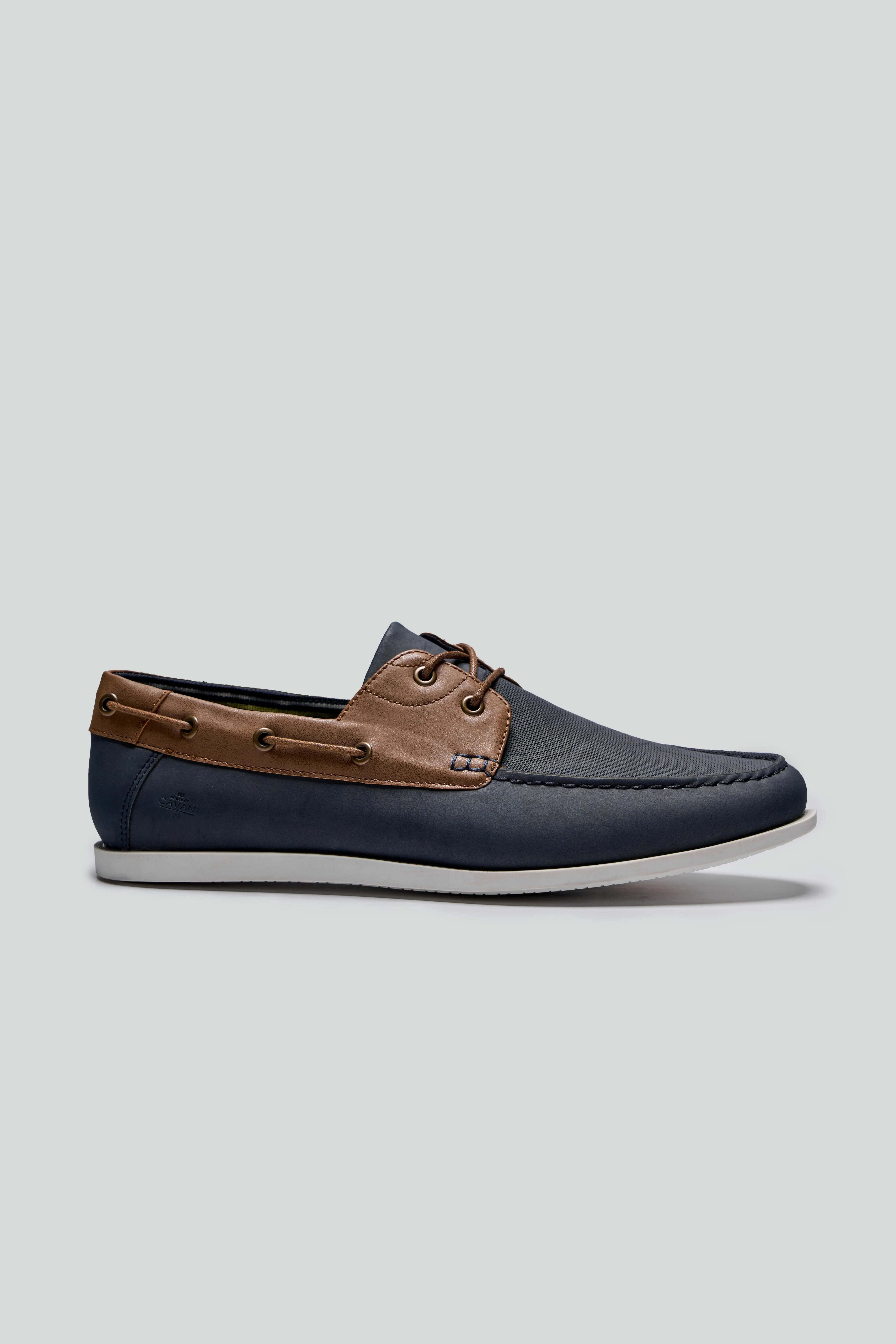 Men’s Leather Boat Shoes with White Sole - ANDROS - Tan - Navy