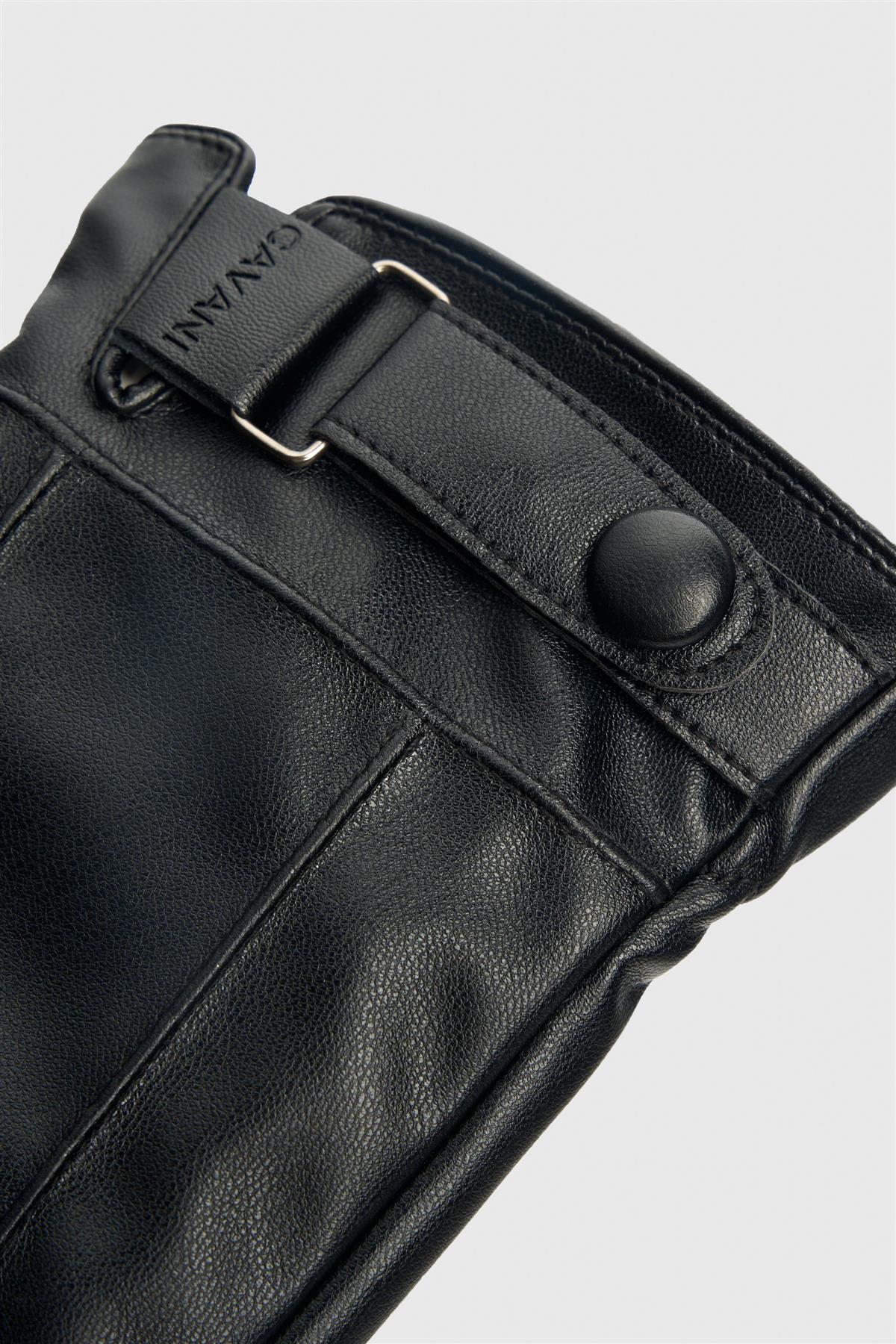 Men’s Leather Gloves with Adjustable Buckle Strap - Black - Image 4