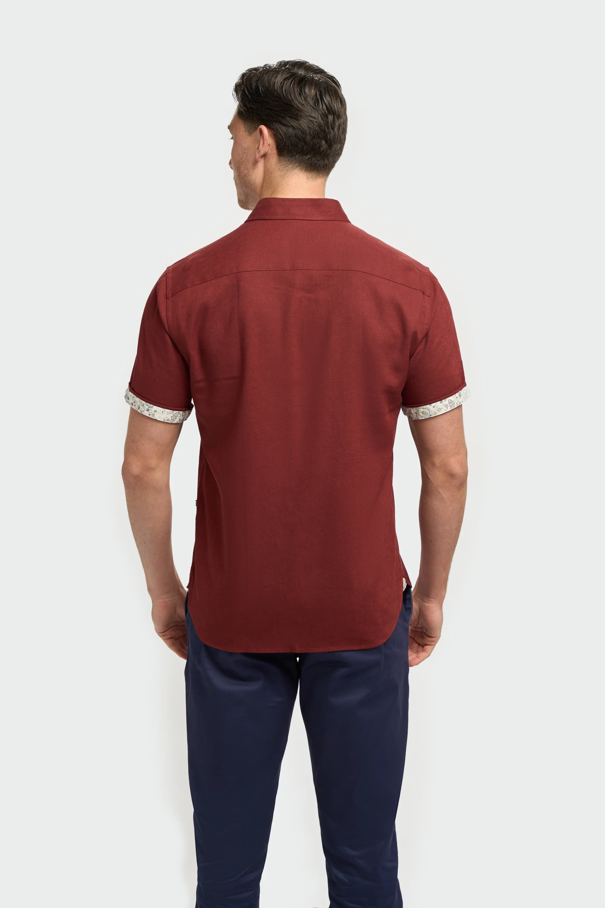 Men’s Linen Blend Short Sleeve Shirt with Cuff Trim - Matera - Rust - Image 3