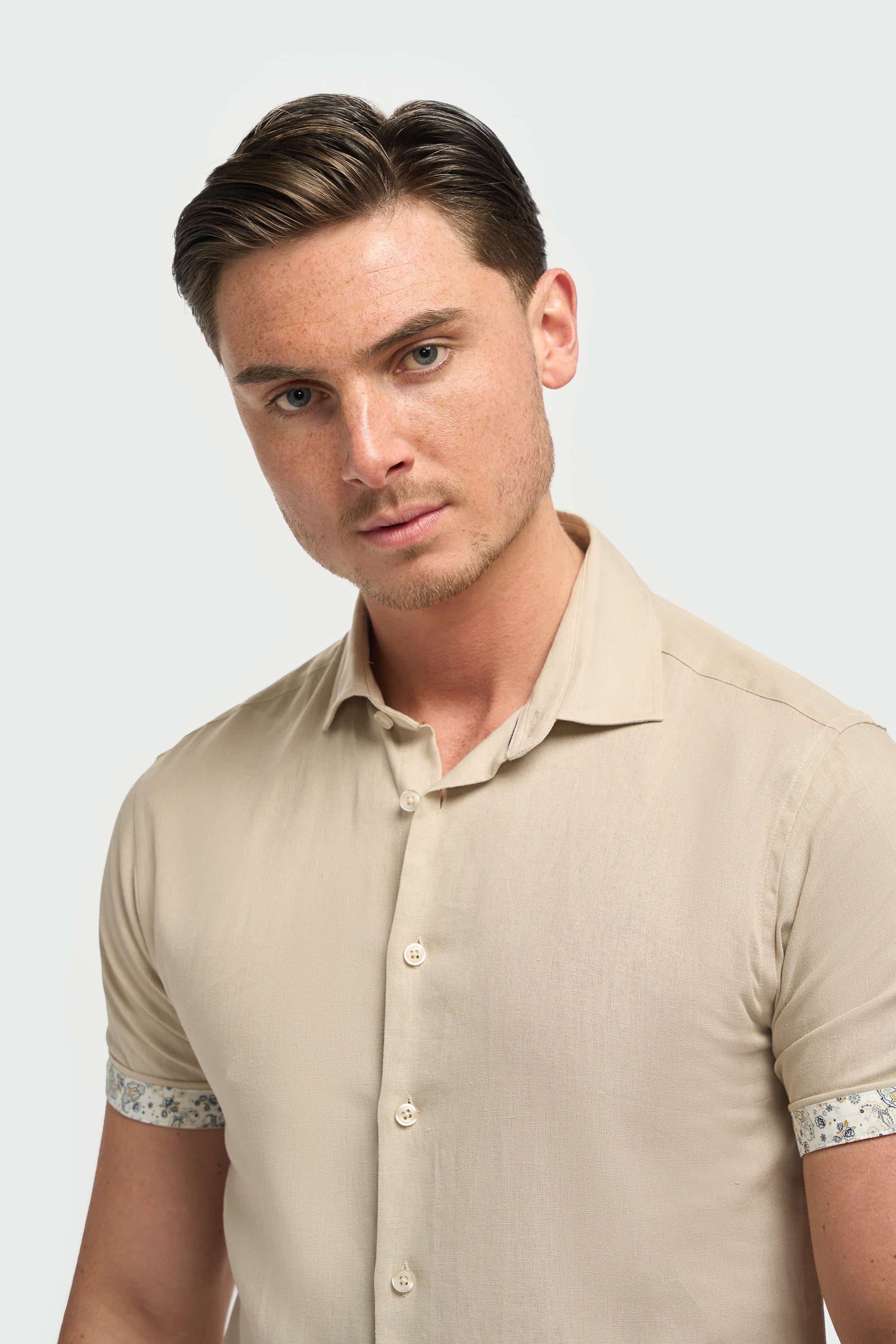 Men’s Linen Blend Short Sleeve Shirt with Cuff Trim - Matera - Taupe - Image 3
