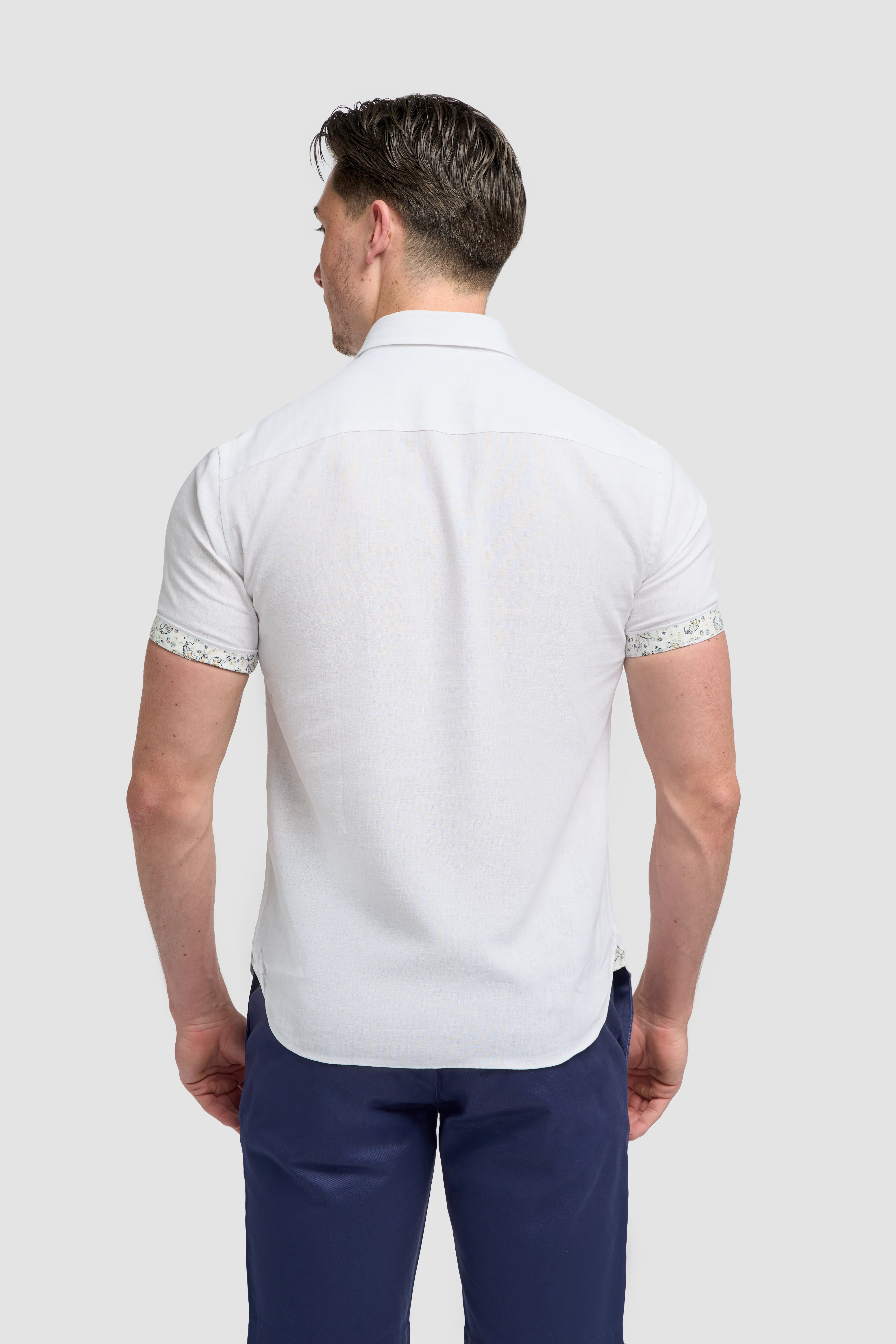 Men’s Linen Blend Short Sleeve Shirt with Cuff Trim - Matera - White - Image 3