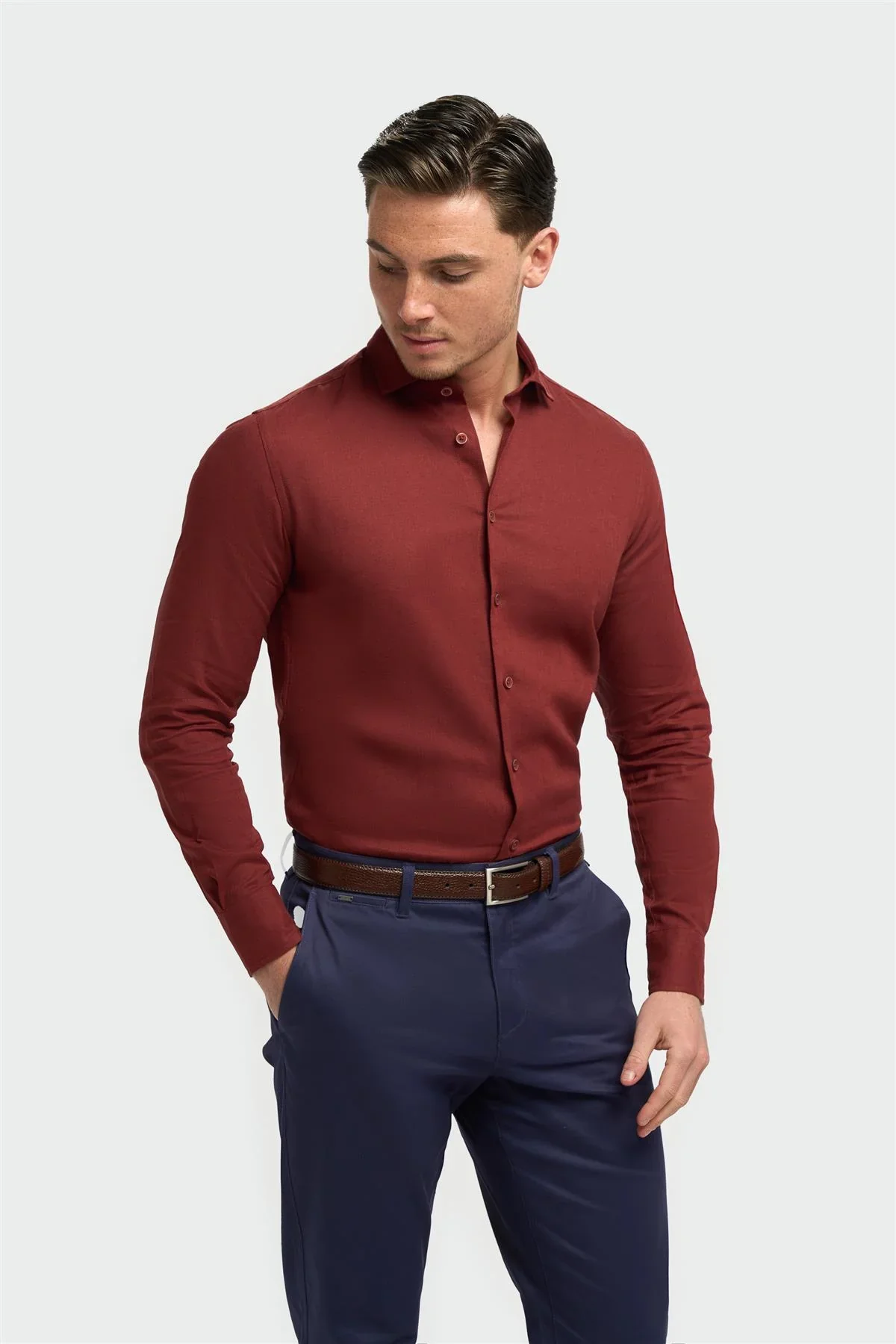 Men’s Linen Blend Slim Fit Button Up Shirt - Matera - Rust